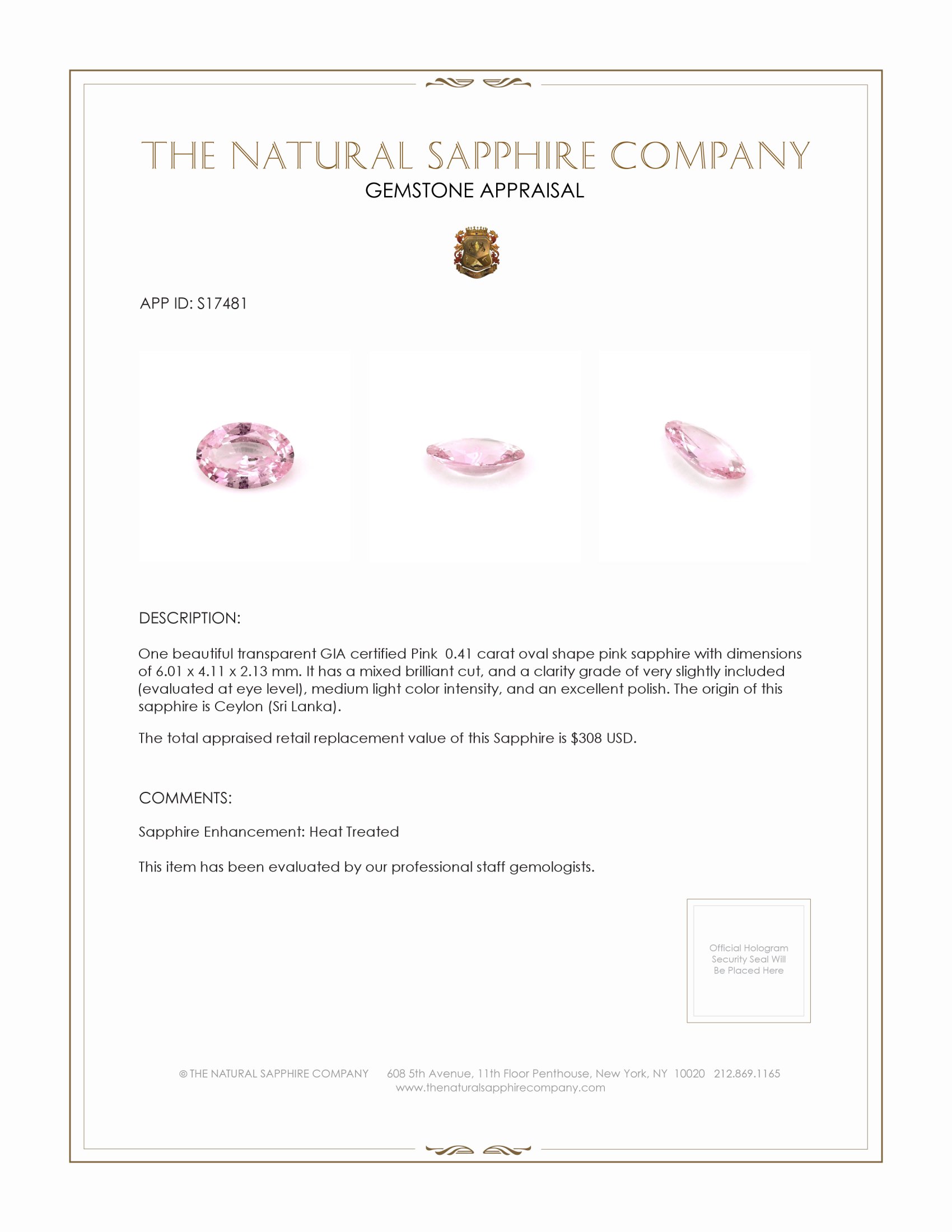 0.41 Ct. Pink Sapphire from Ceylon (Sri Lanka)