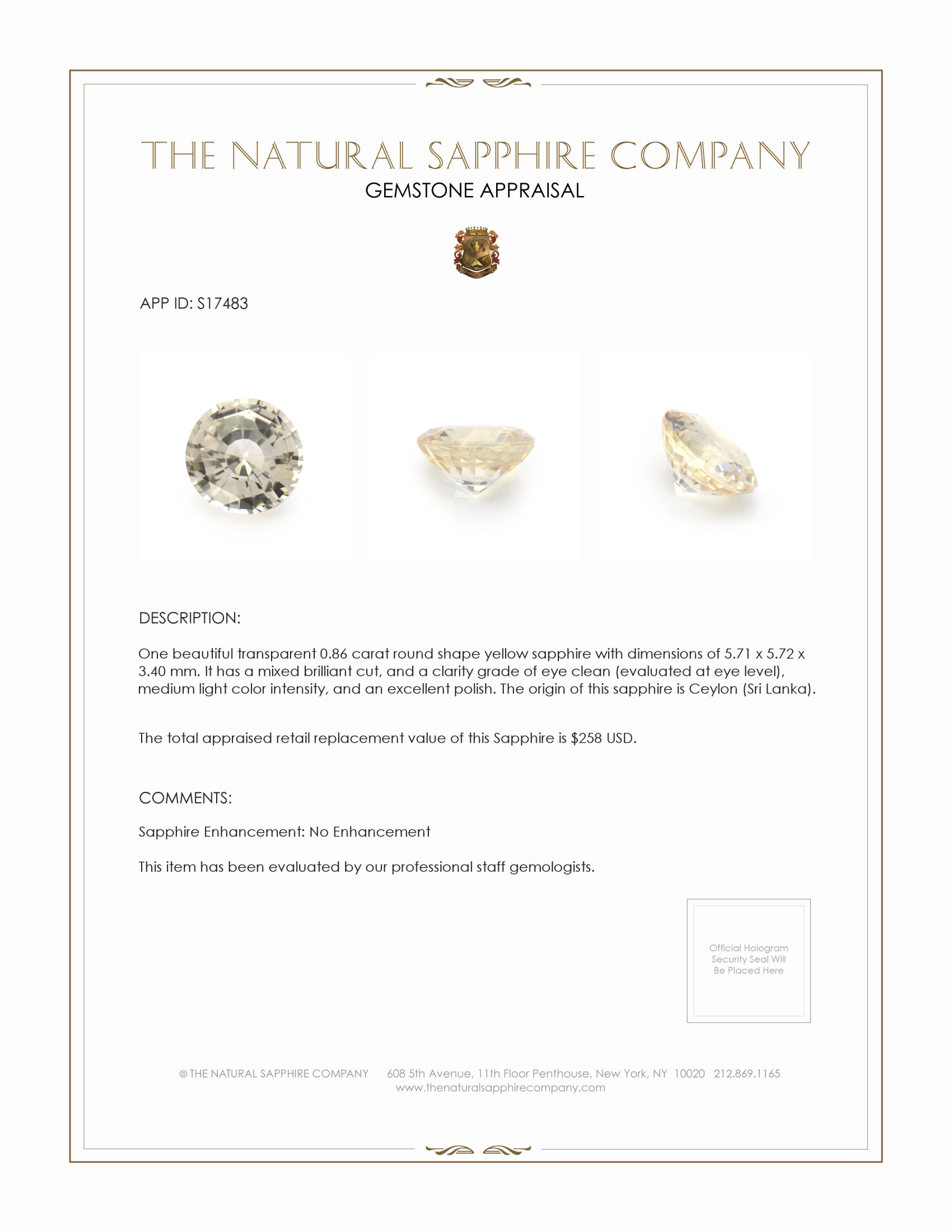0.86 Ct. Yellow Sapphire from Ceylon (Sri Lanka)