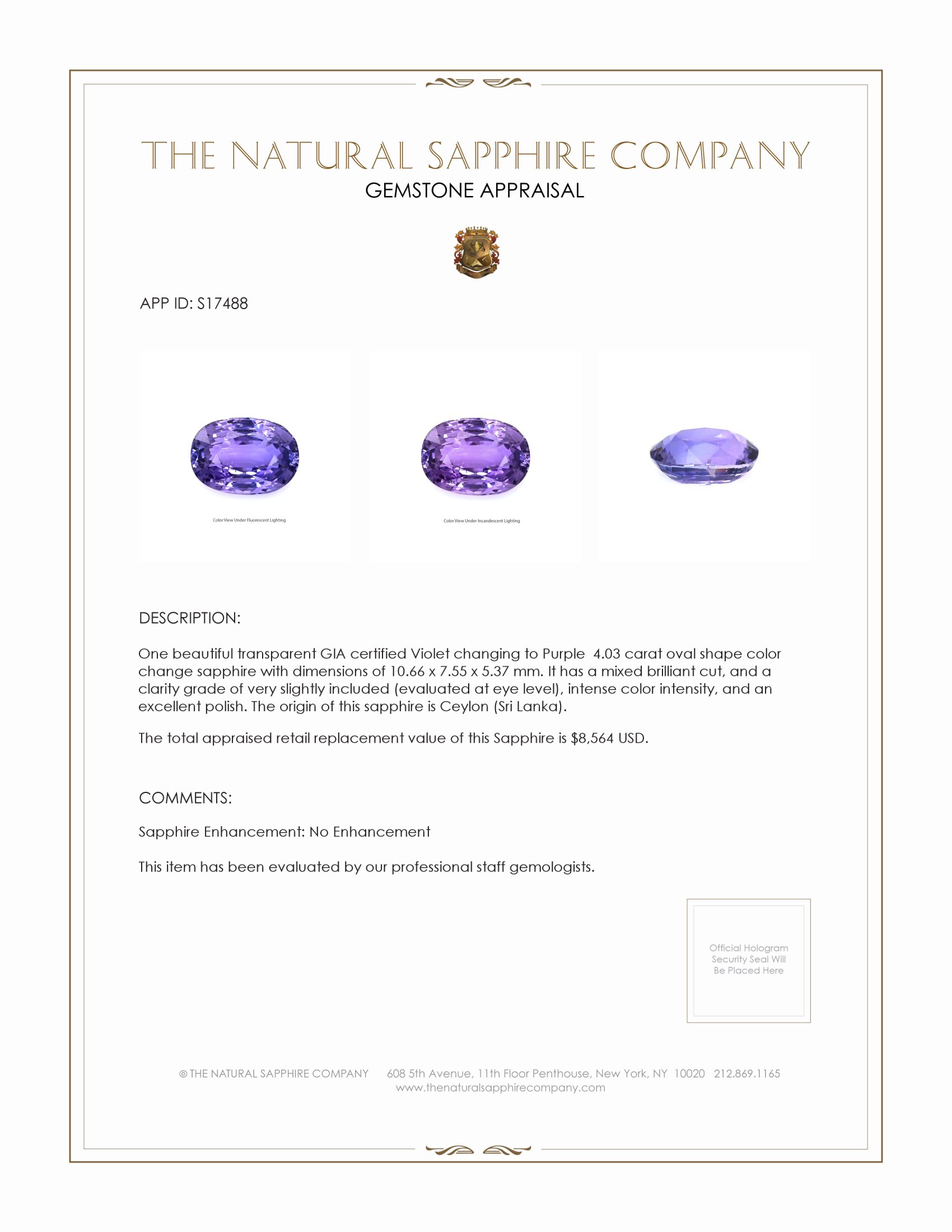 4.03 Ct. Color Change Sapphire from Ceylon (Sri Lanka)