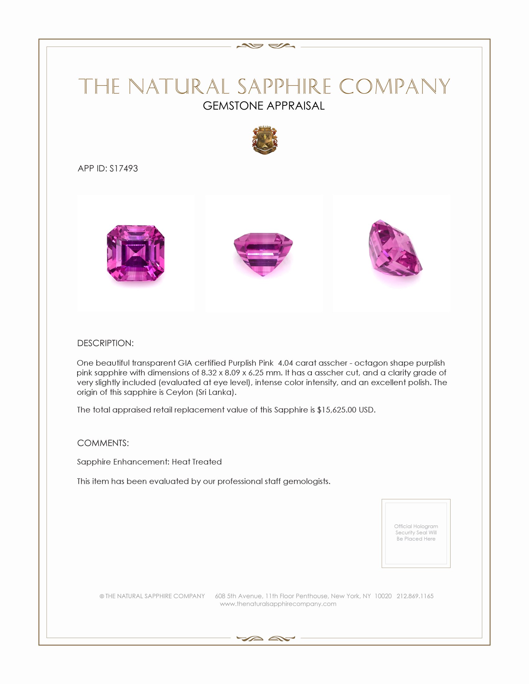 4.04 Ct. Purplish Pink Sapphire from Ceylon (Sri Lanka)