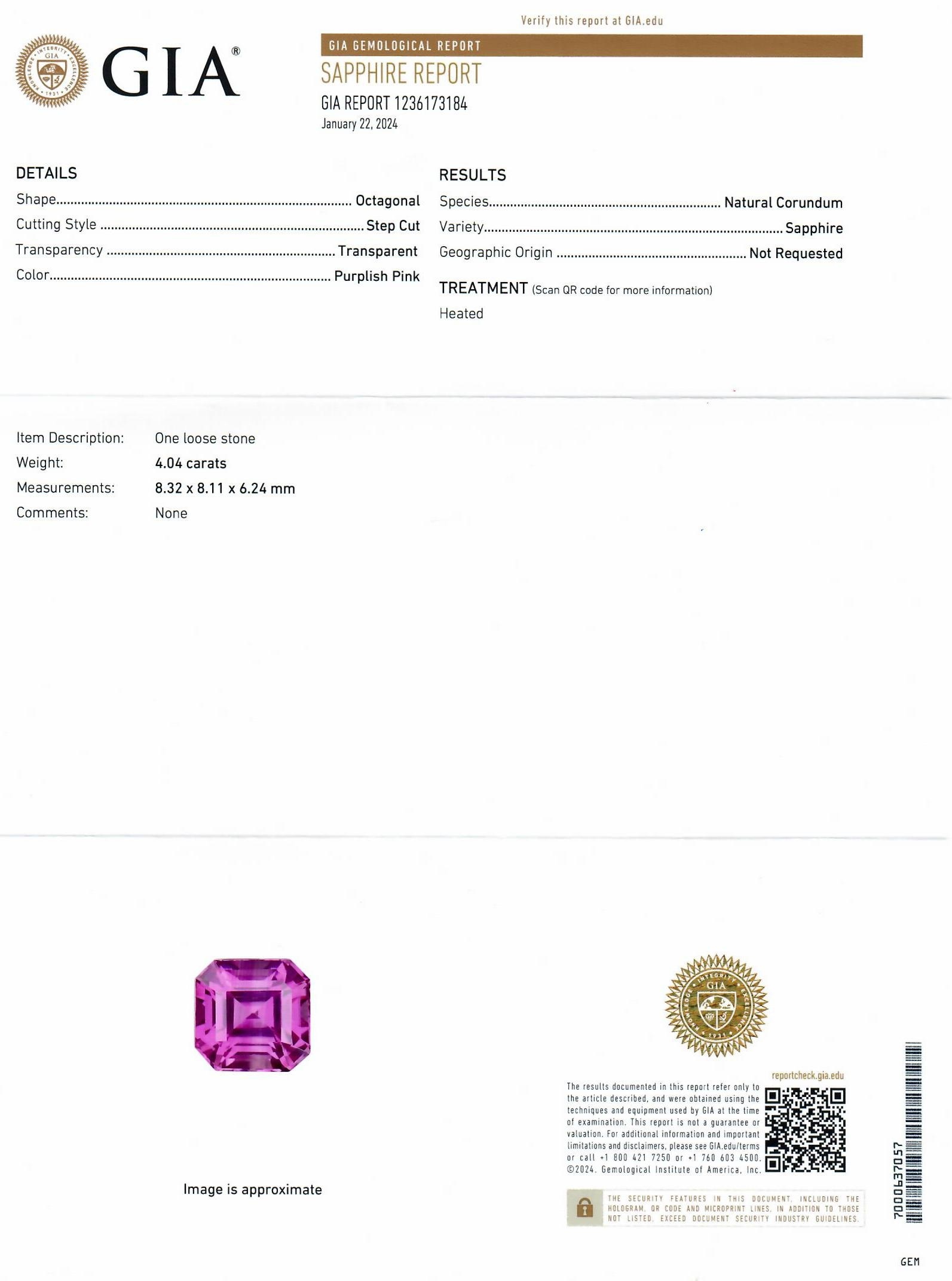 4.04 Ct. Purplish Pink Sapphire from Ceylon (Sri Lanka)