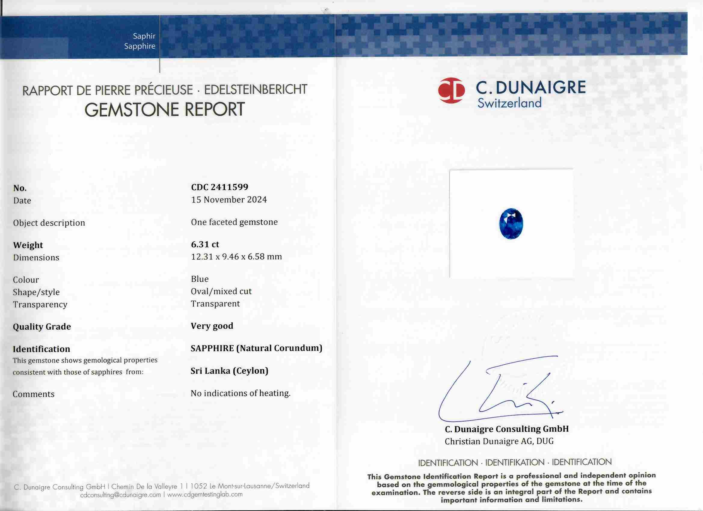 6.31 Ct. Blue Sapphire from Ceylon (Sri Lanka)