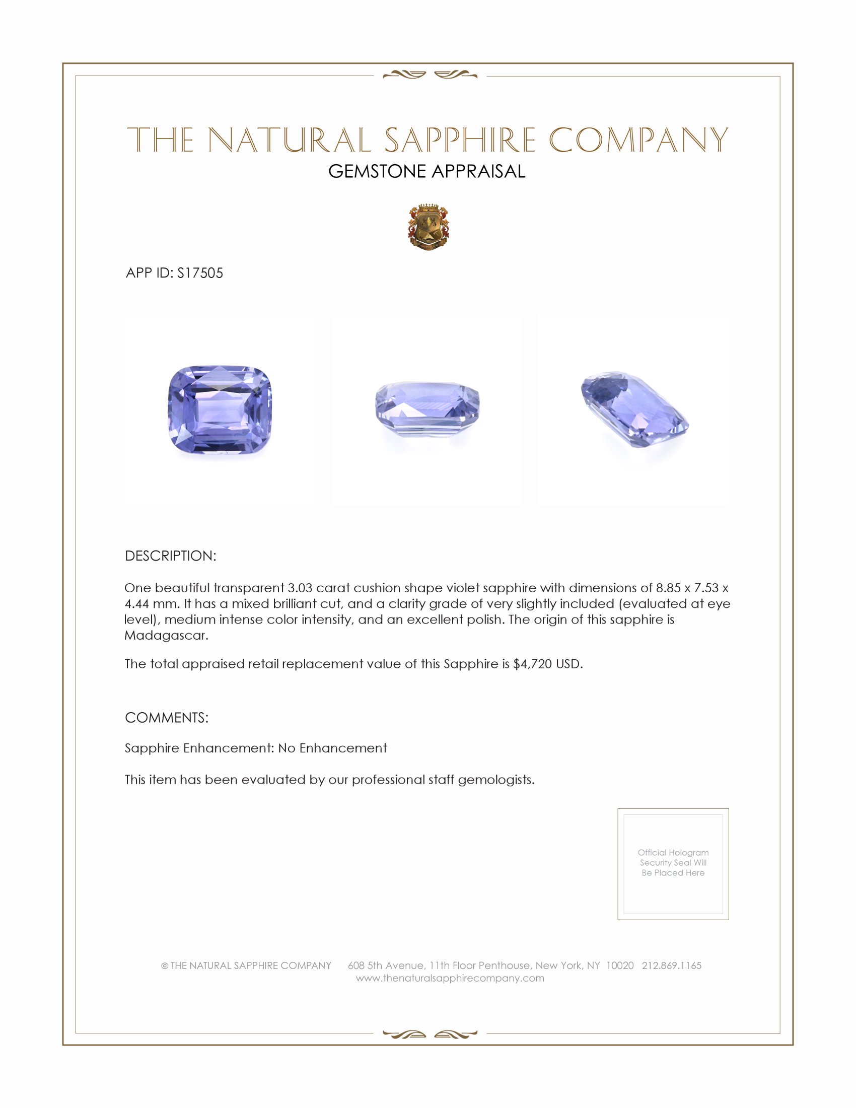 3.03 Ct. Violet Sapphire from Madagascar