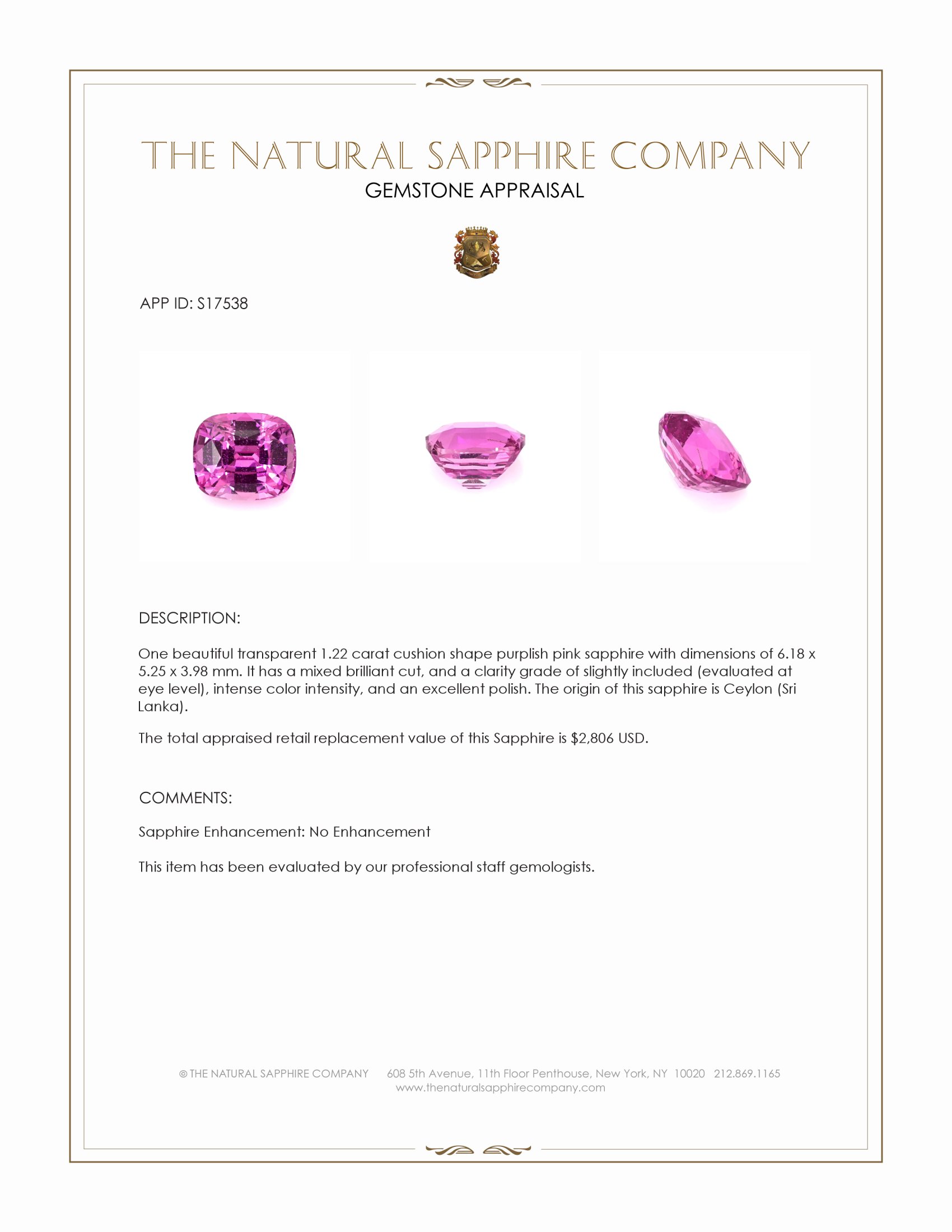 1.22 Ct. Purplish Pink Sapphire from Ceylon (Sri Lanka)