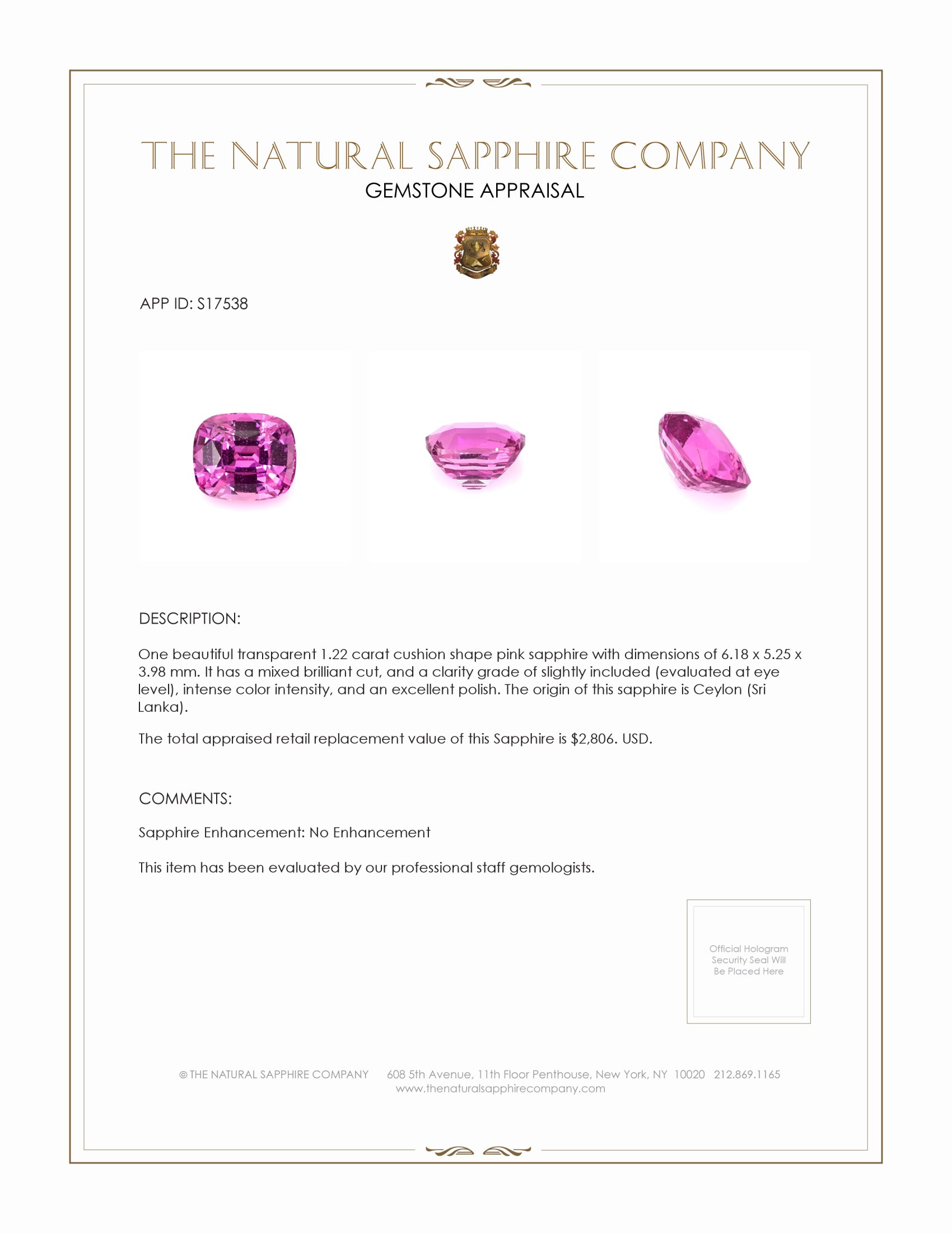 1.22 Ct. Pink Sapphire from Ceylon (Sri Lanka)
