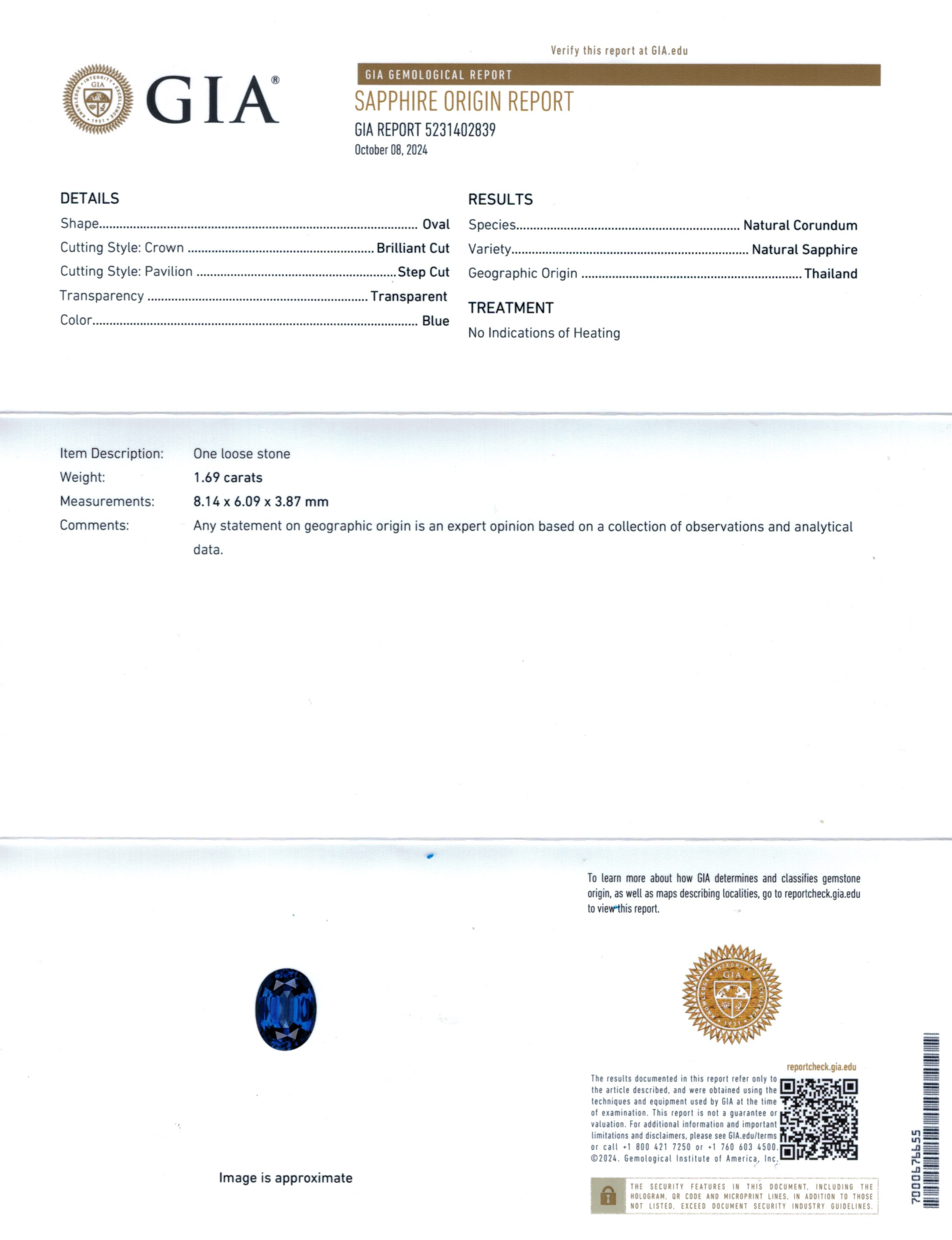 1.69 Ct. Blue Sapphire from Thailand