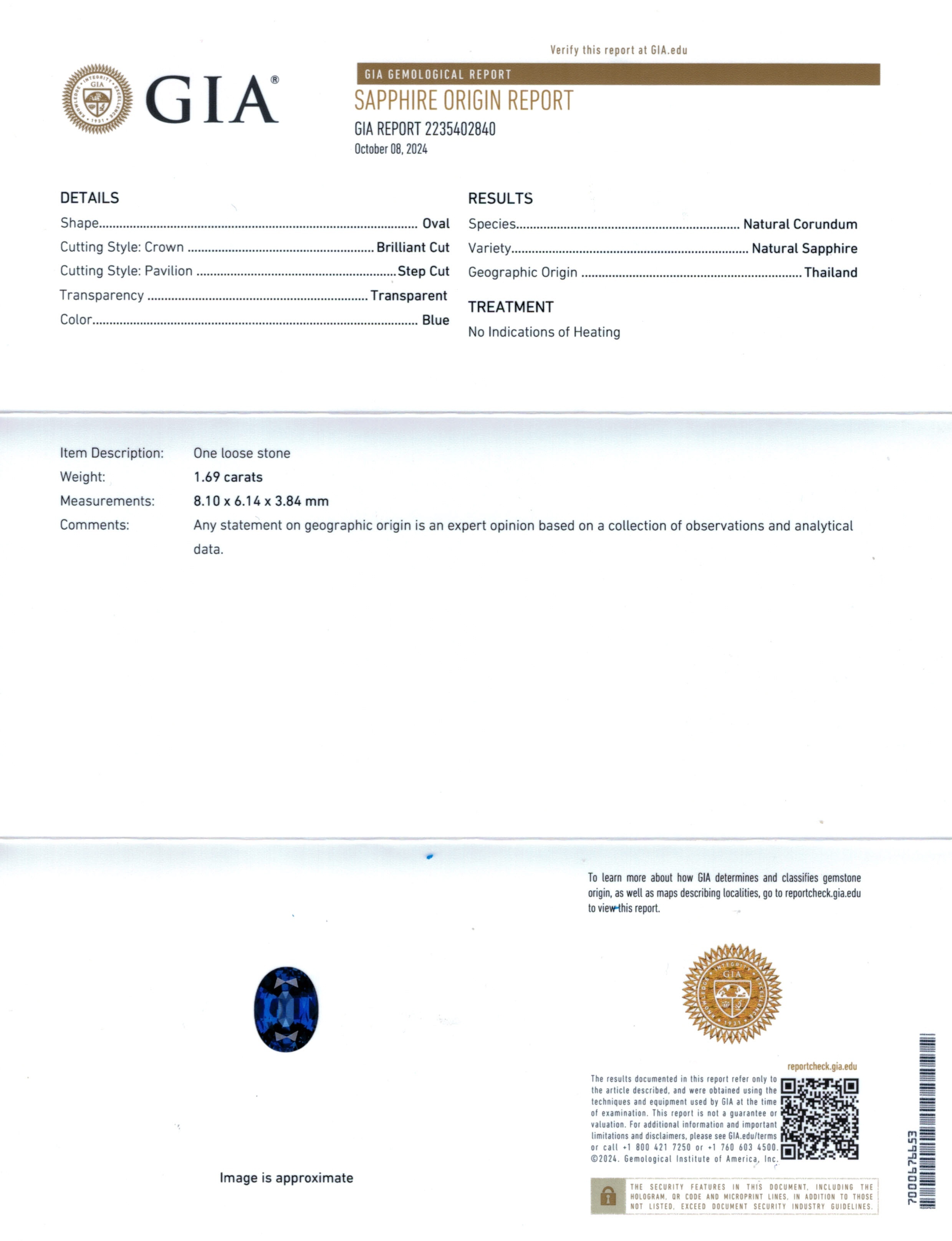 1.69 Ct. Blue Sapphire from Thailand