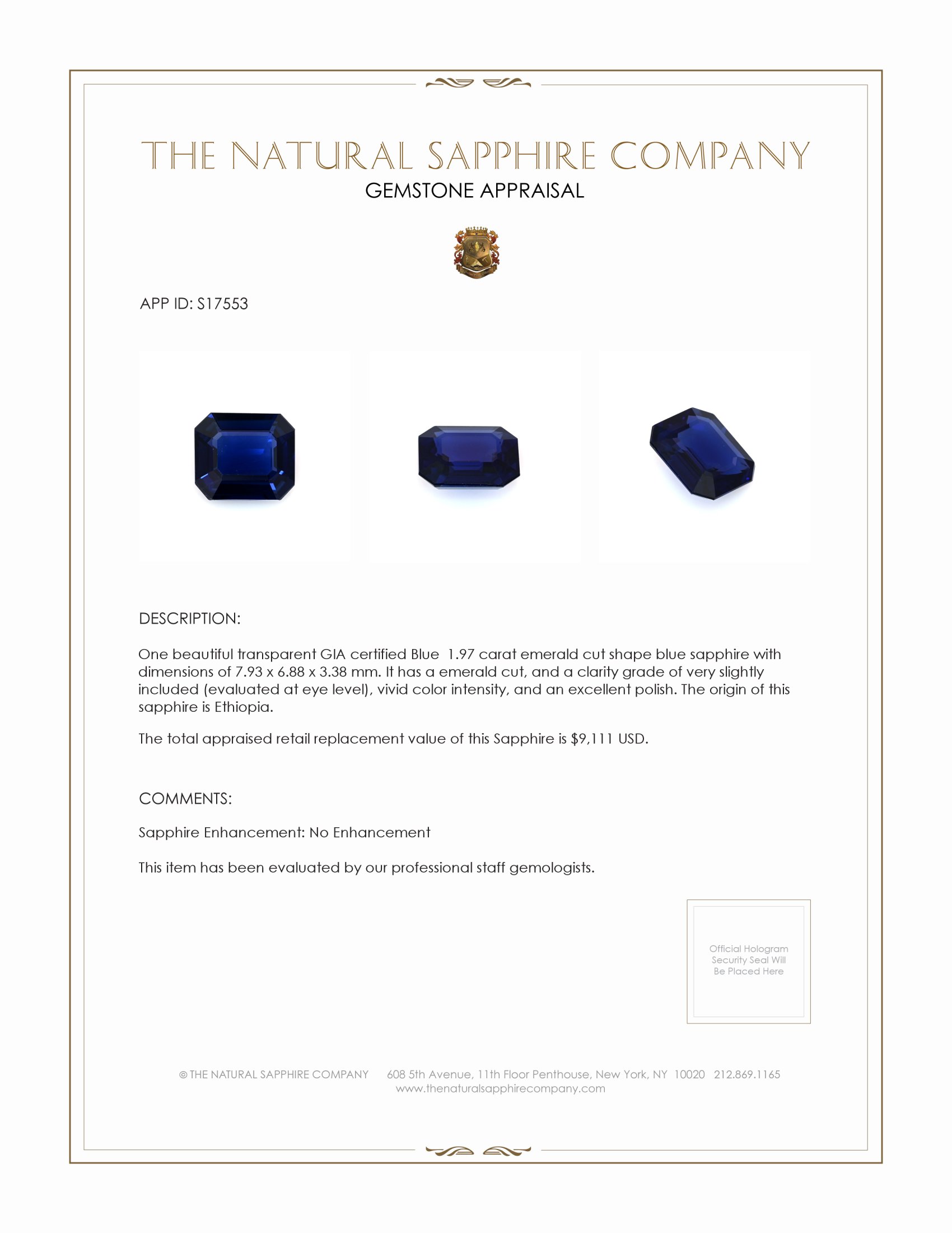 1.97 Ct. Blue Sapphire from Ethiopia