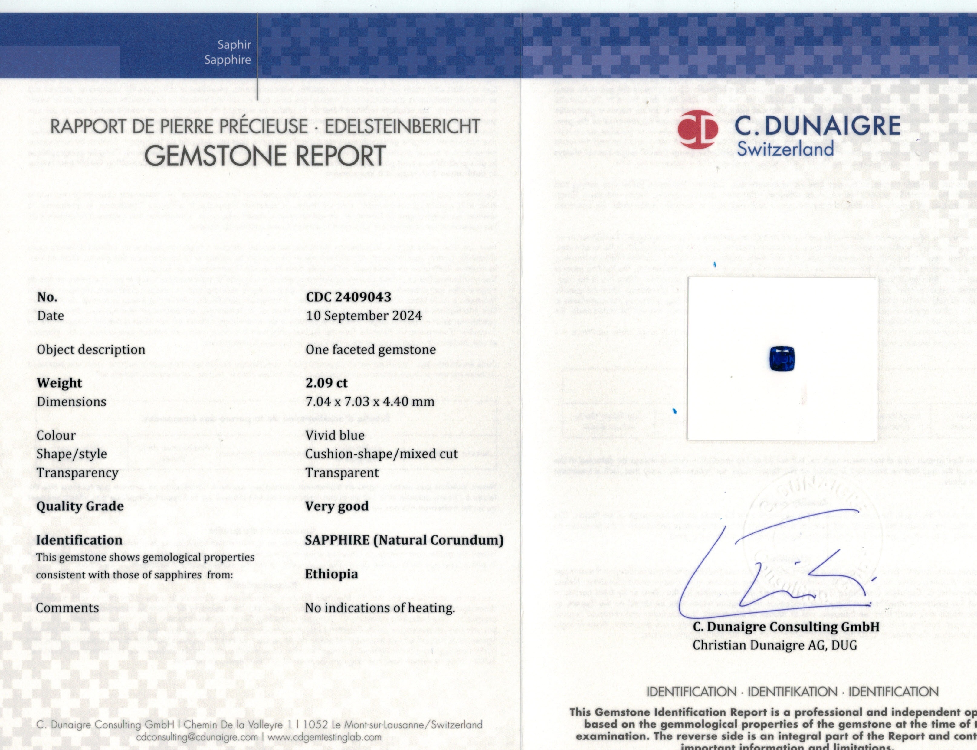 2.09 Ct. Blue Sapphire from Ethiopia