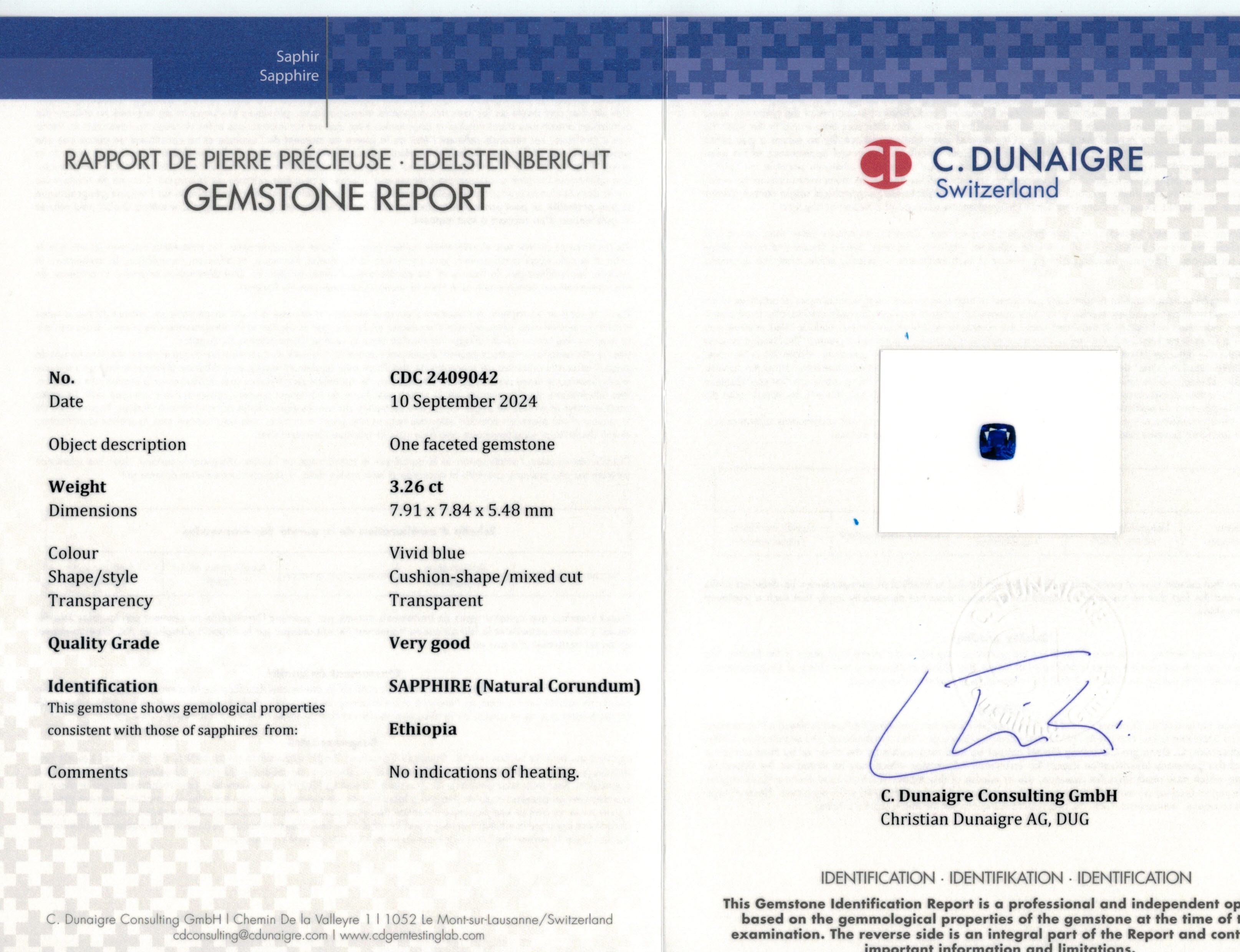 3.26 Ct. Blue Sapphire from Ethiopia