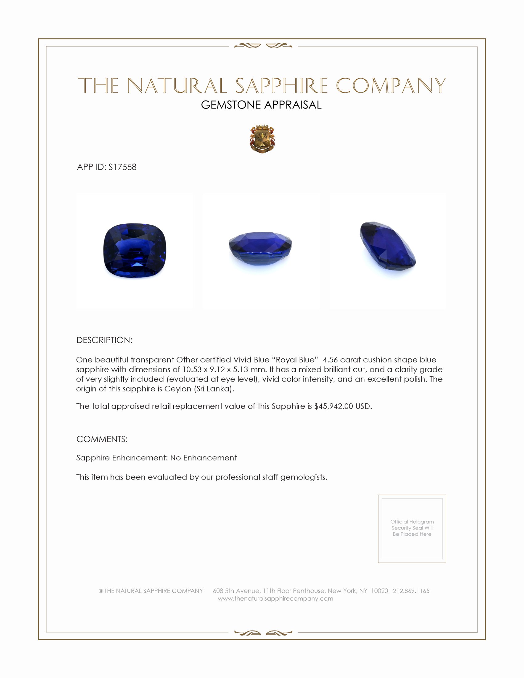 4.56 Ct. Blue Sapphire from Ceylon (Sri Lanka)
