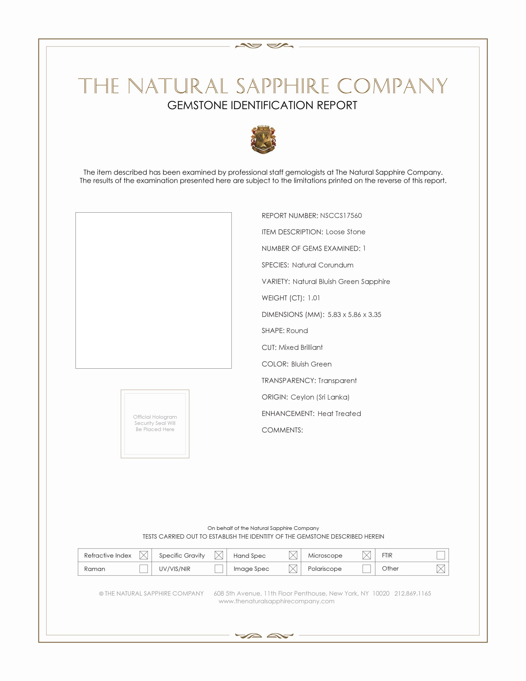 1.01 Ct. Bluish Green Sapphire from Ceylon (Sri Lanka)