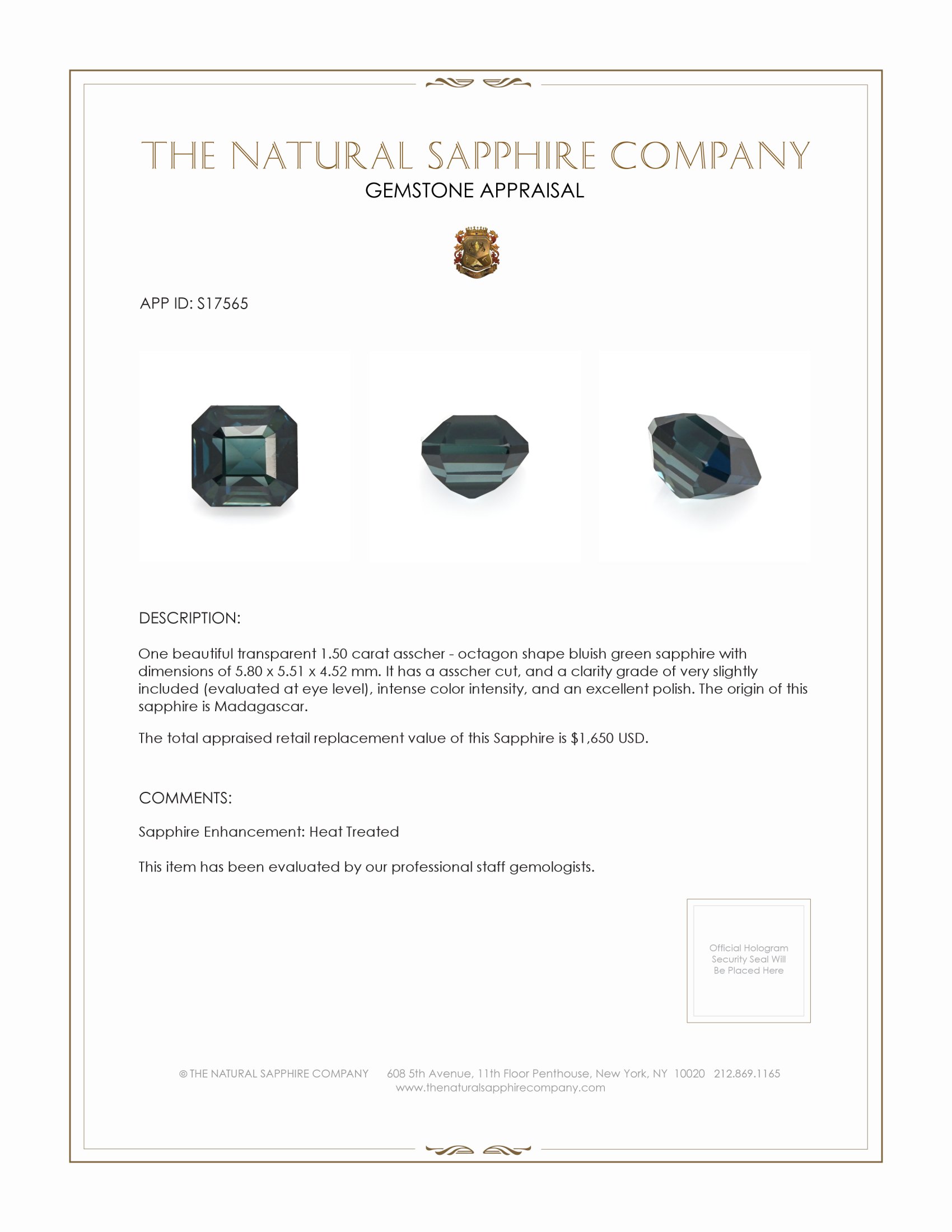 1.50 Ct. Bluish Green Sapphire from Madagascar