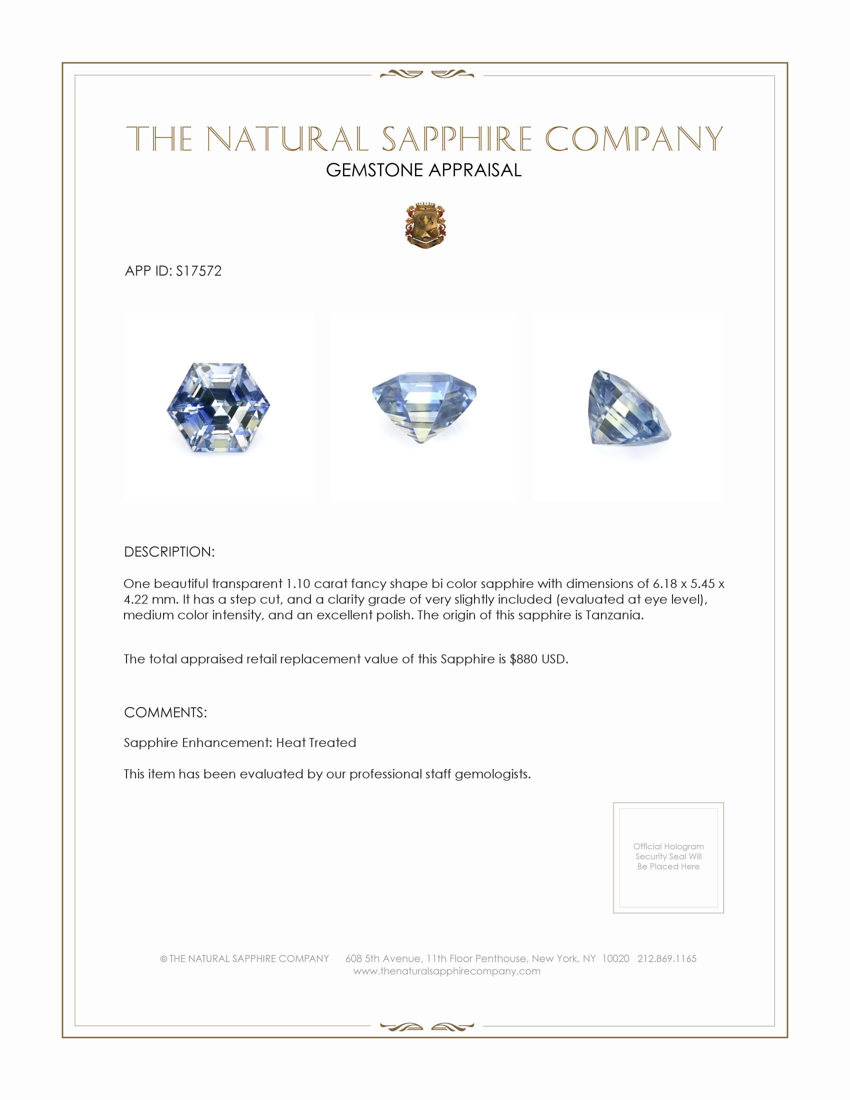 1.10 Ct. Bi Color / Parti Sapphire from Tanzania