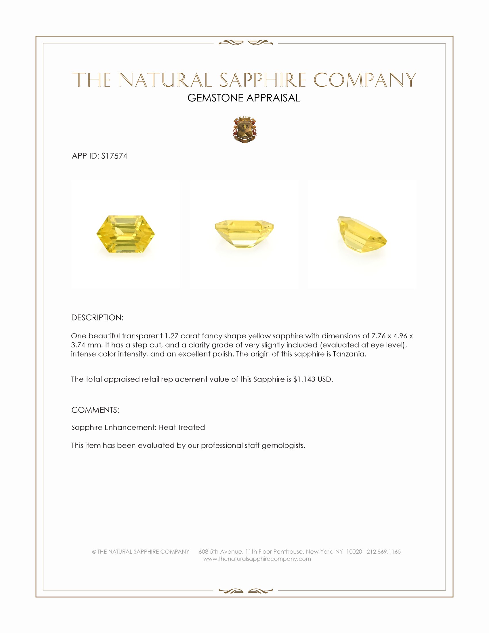 1.27 Ct. Yellow Sapphire from Tanzania