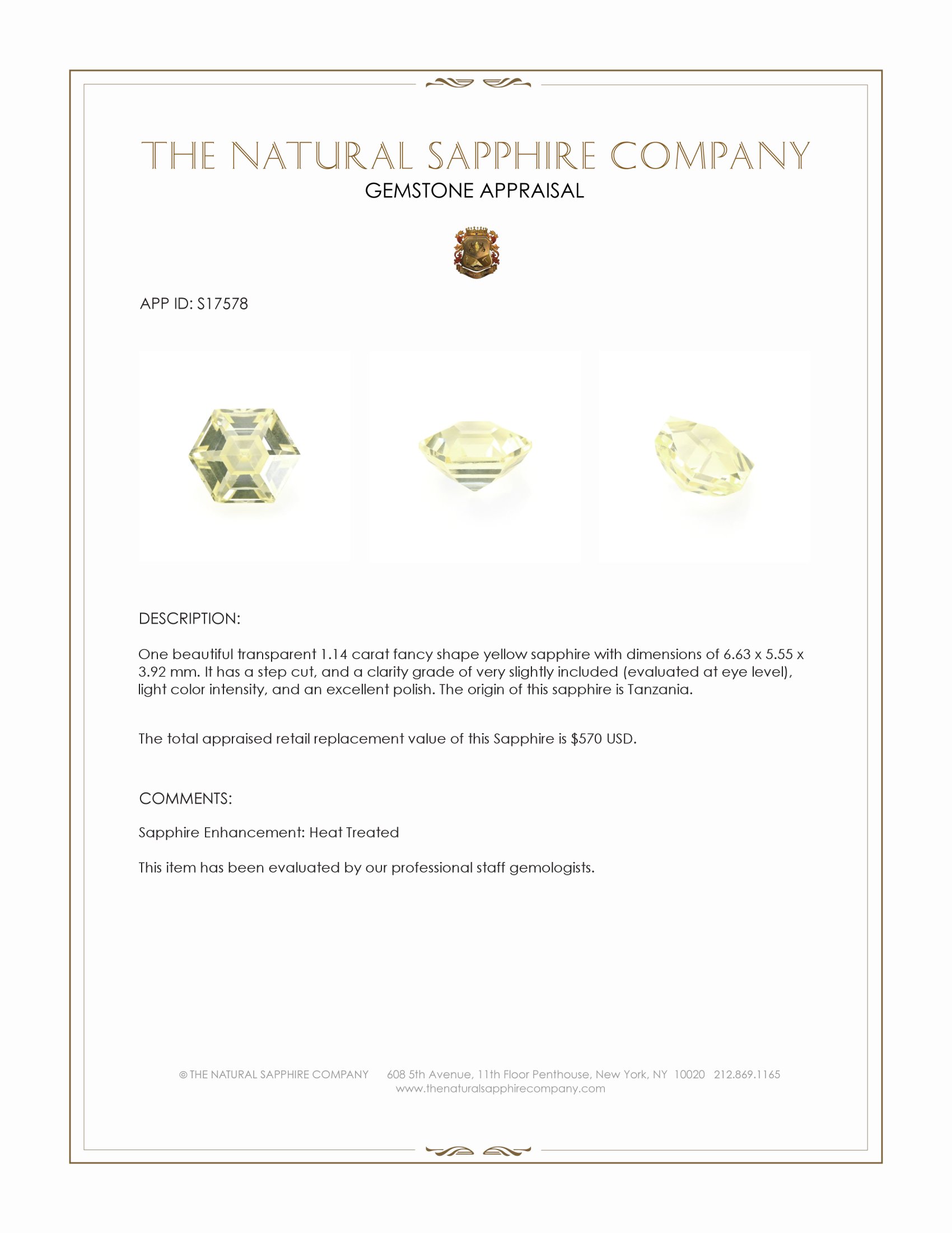1.14 Ct. Yellow Sapphire from Tanzania