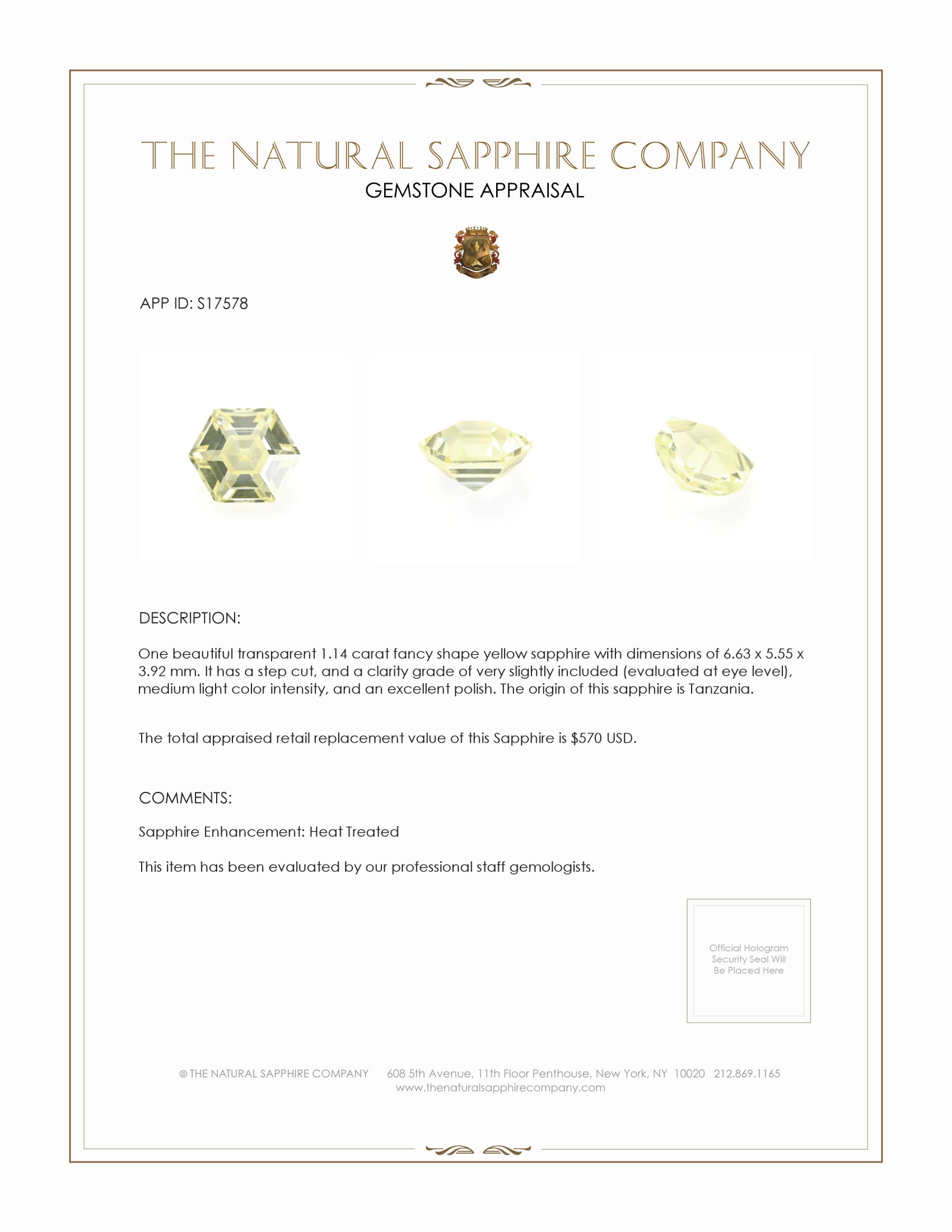 1.14 Ct. Yellow Sapphire from Tanzania
