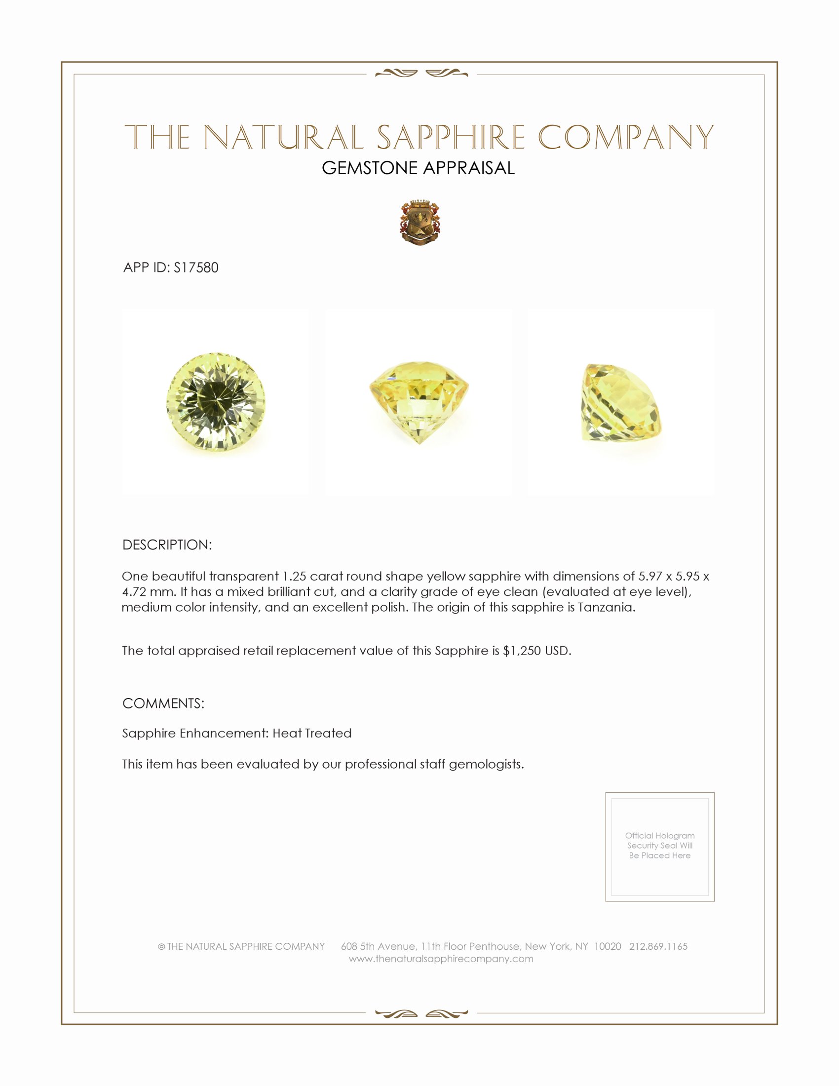 1.25 Ct. Yellow Sapphire from Tanzania