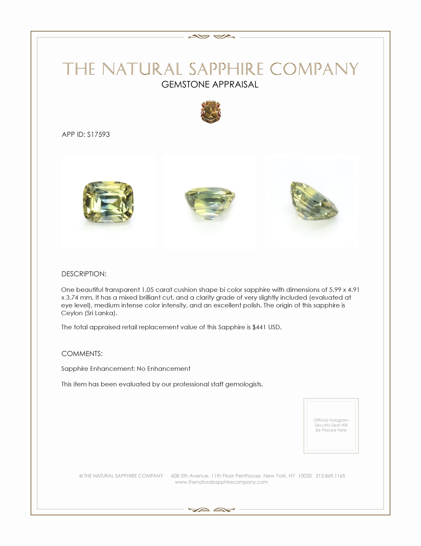 1.05 Ct. Bi Color Sapphire from Ceylon (Sri Lanka)