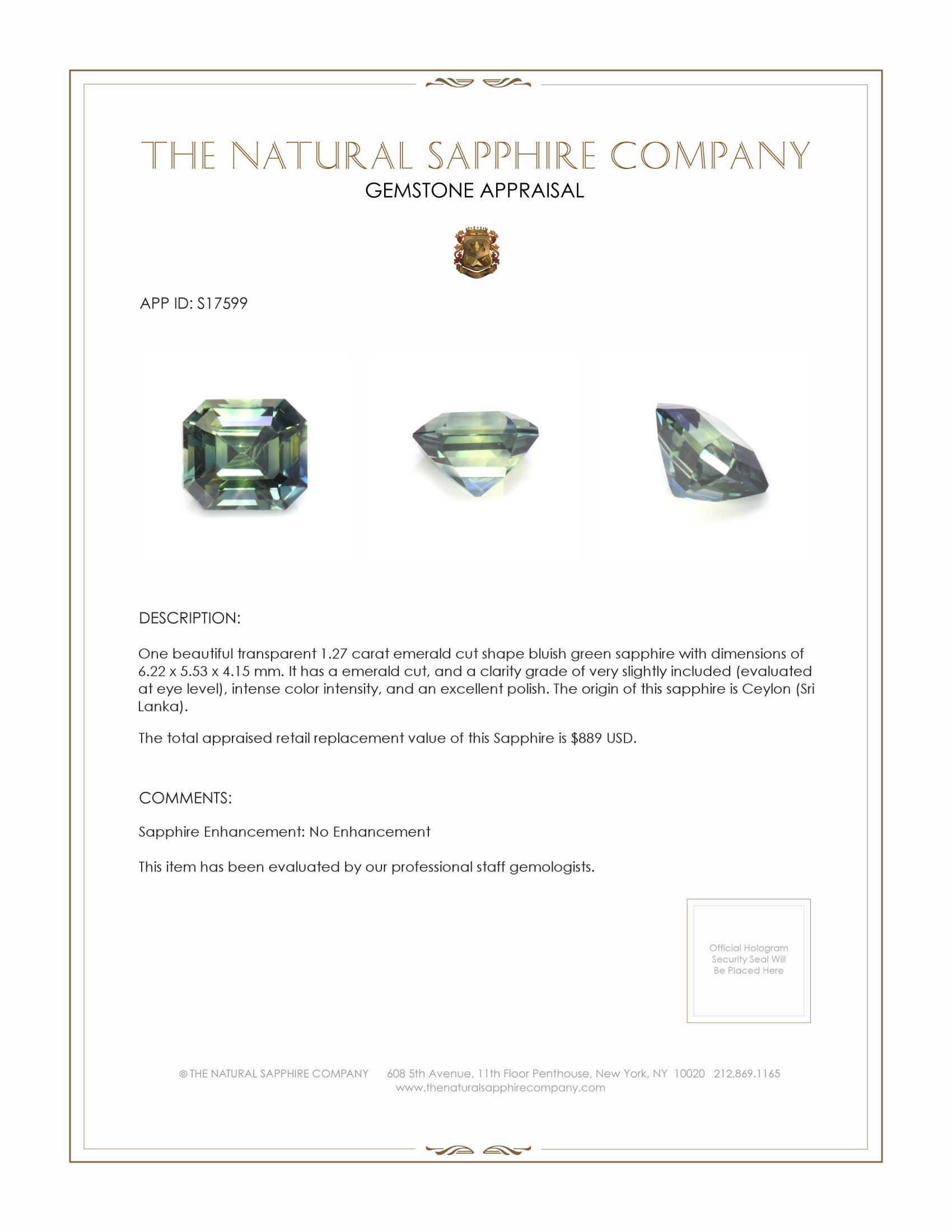 1.27 Ct. Bluish Green Sapphire from Ceylon (Sri Lanka)