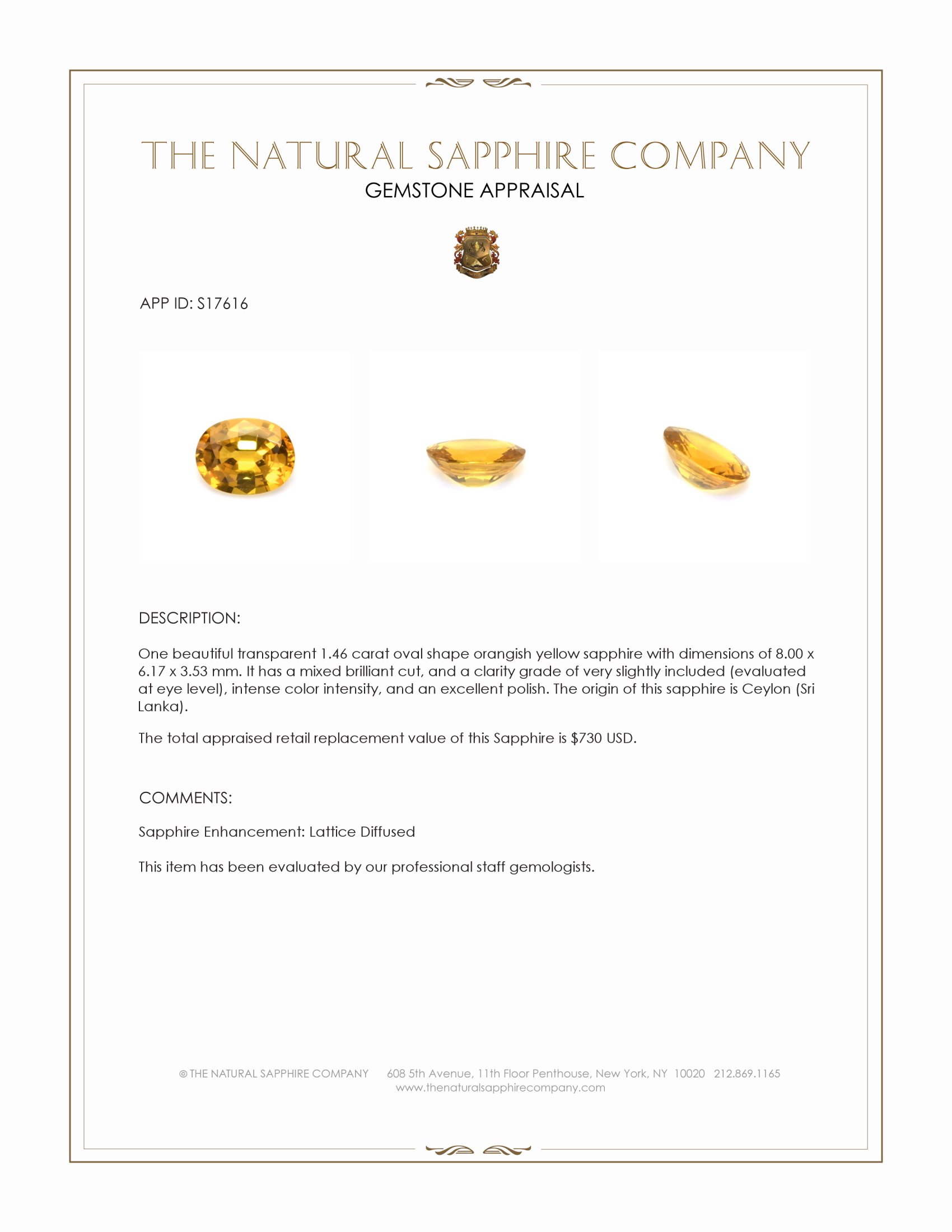 1.46 Ct. Orangish Yellow Sapphire from Ceylon (Sri Lanka)