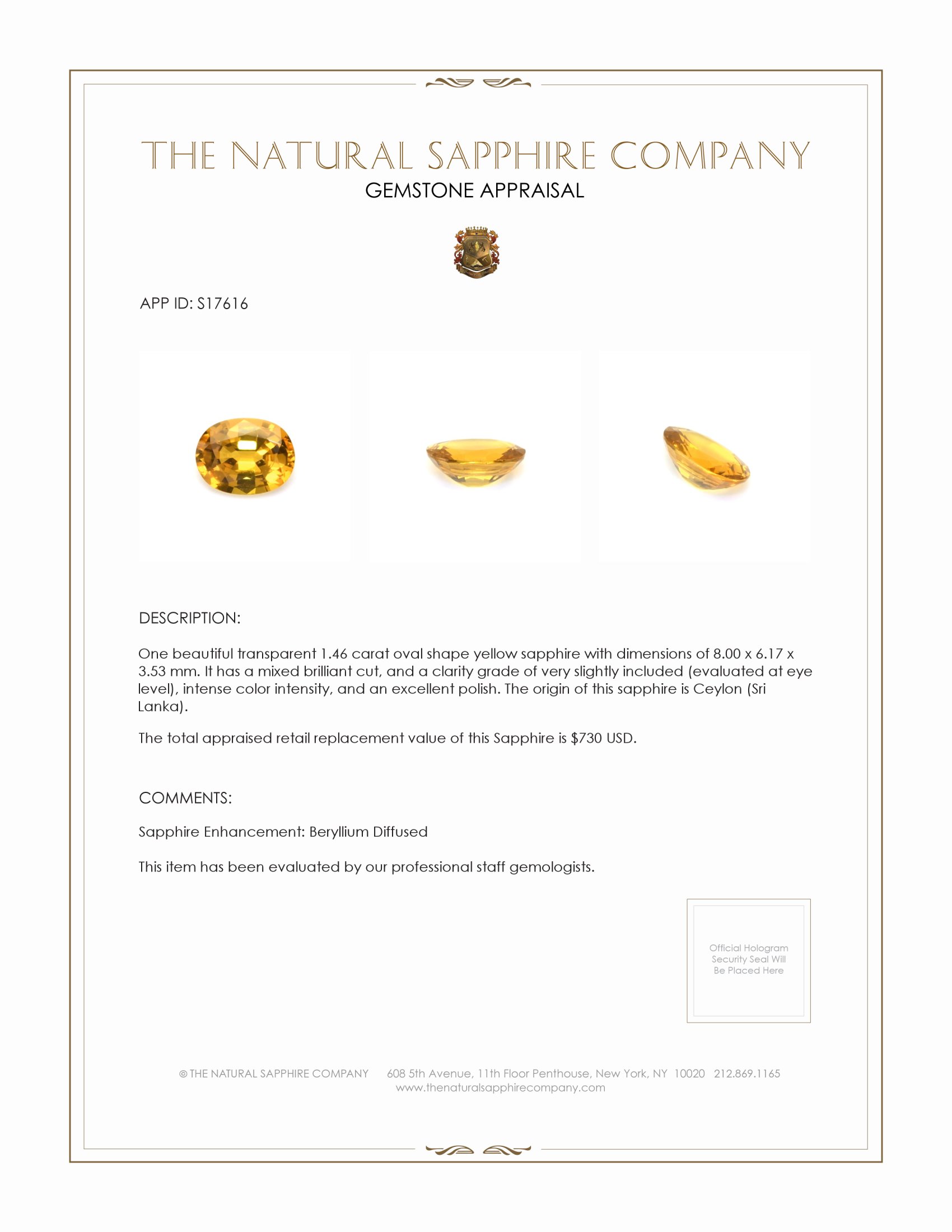 1.46 Ct. Yellow Sapphire from Ceylon (Sri Lanka)