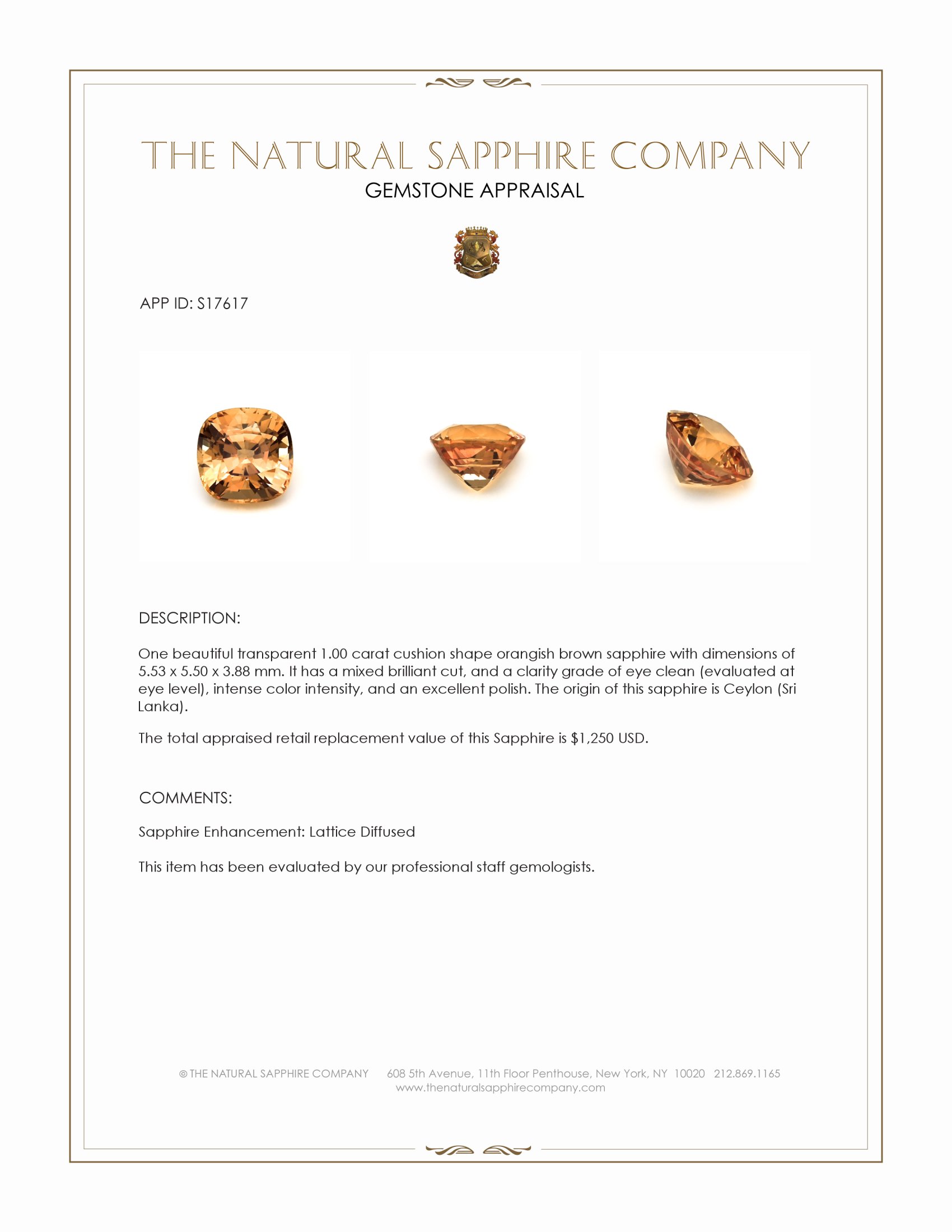 1.00 Ct. Orangish Brown Sapphire from Ceylon (Sri Lanka)