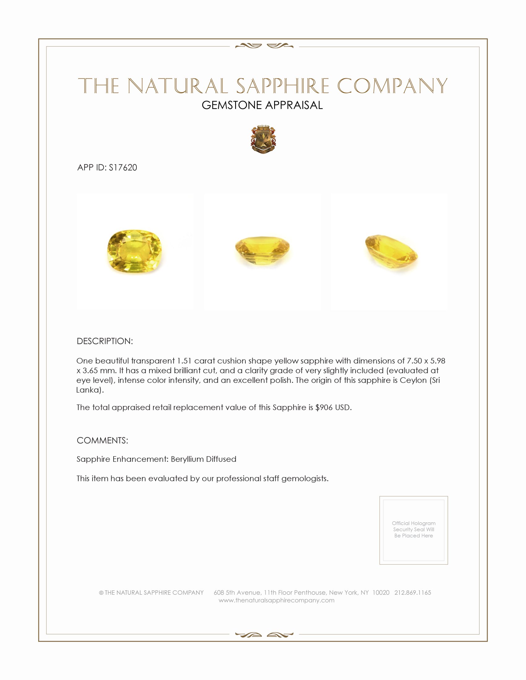 1.51 Ct. Yellow Sapphire from Ceylon (Sri Lanka)