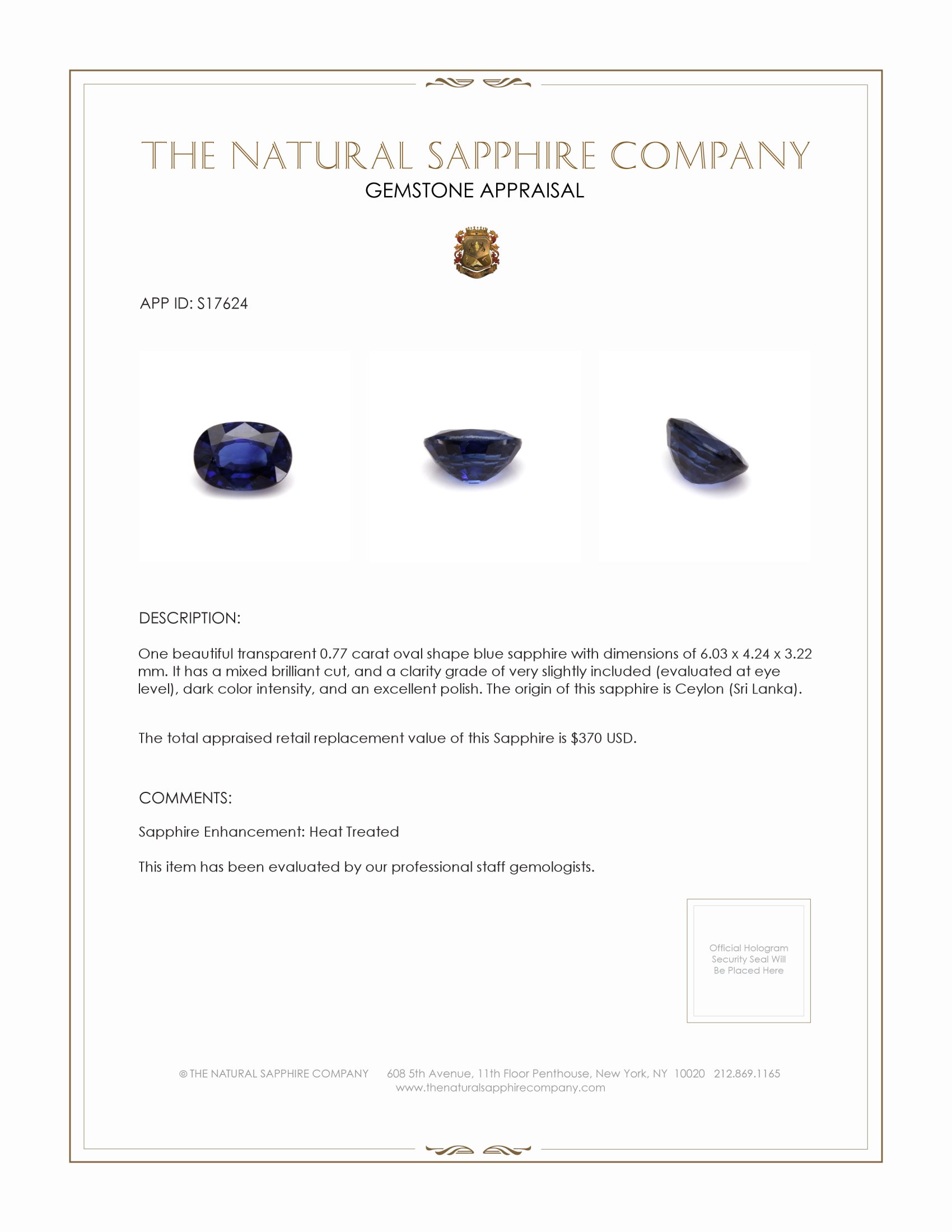 0.77 Ct. Blue Sapphire from Ceylon (Sri Lanka)