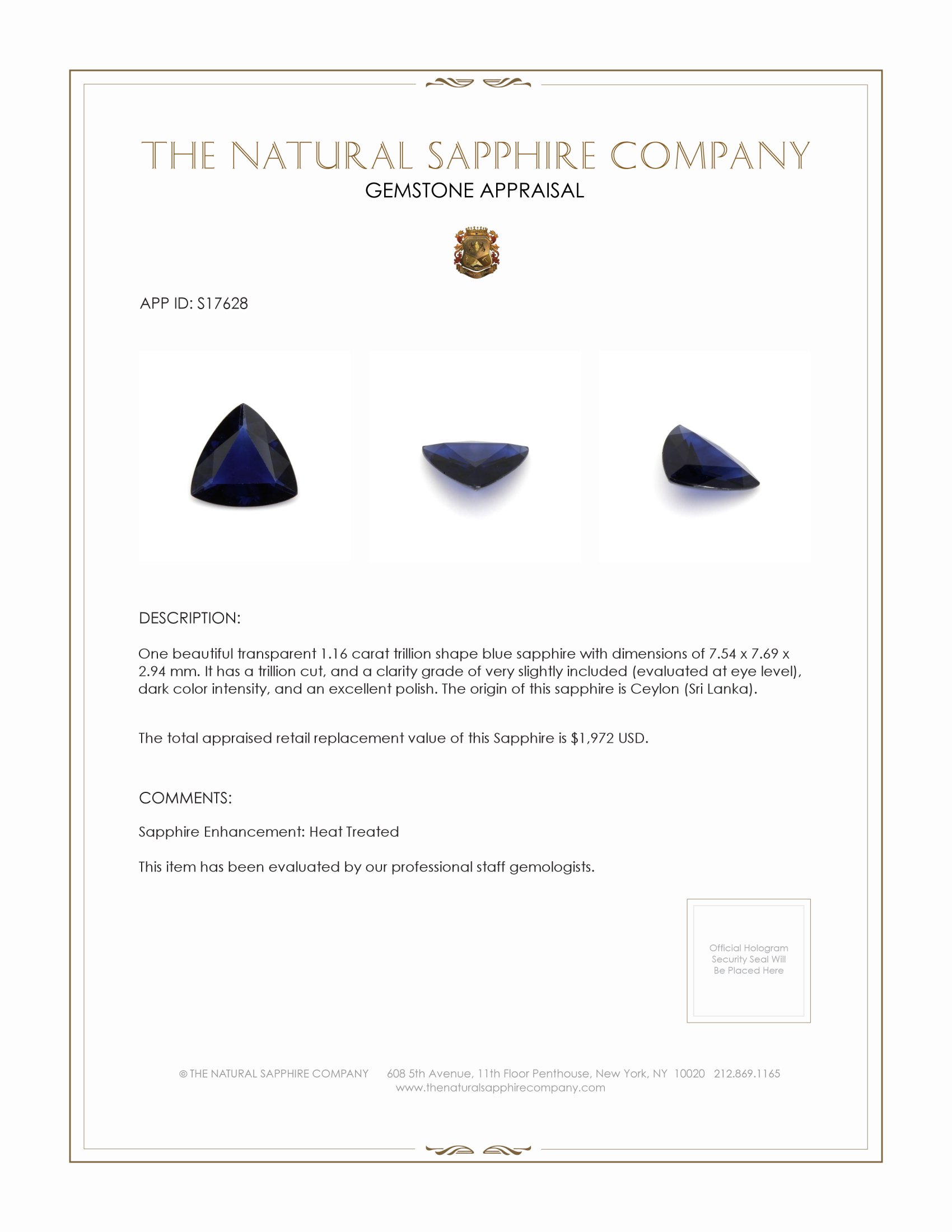 1.16 Ct. Blue Sapphire from Ceylon (Sri Lanka)