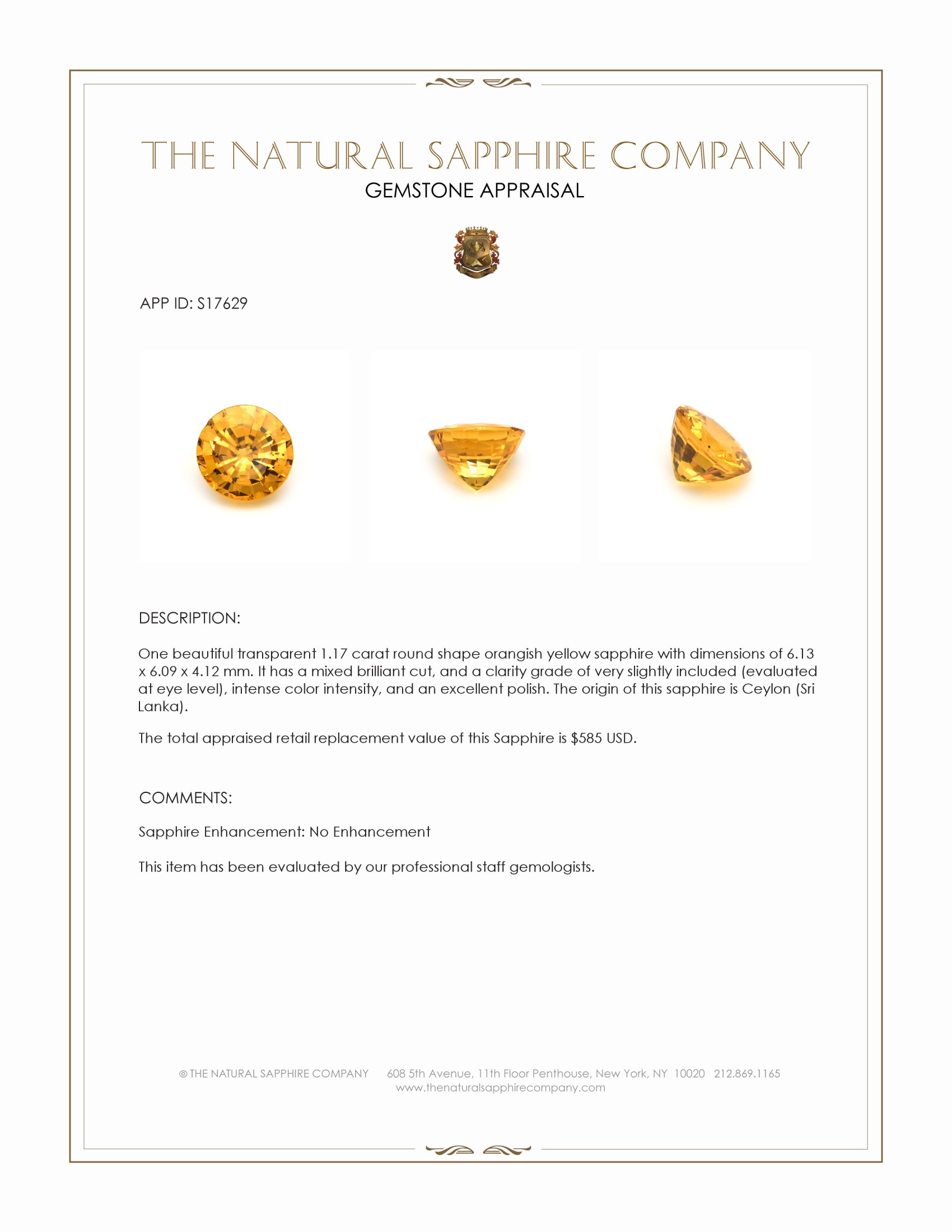 1.17 Ct. Orangish Yellow Sapphire from Ceylon (Sri Lanka)