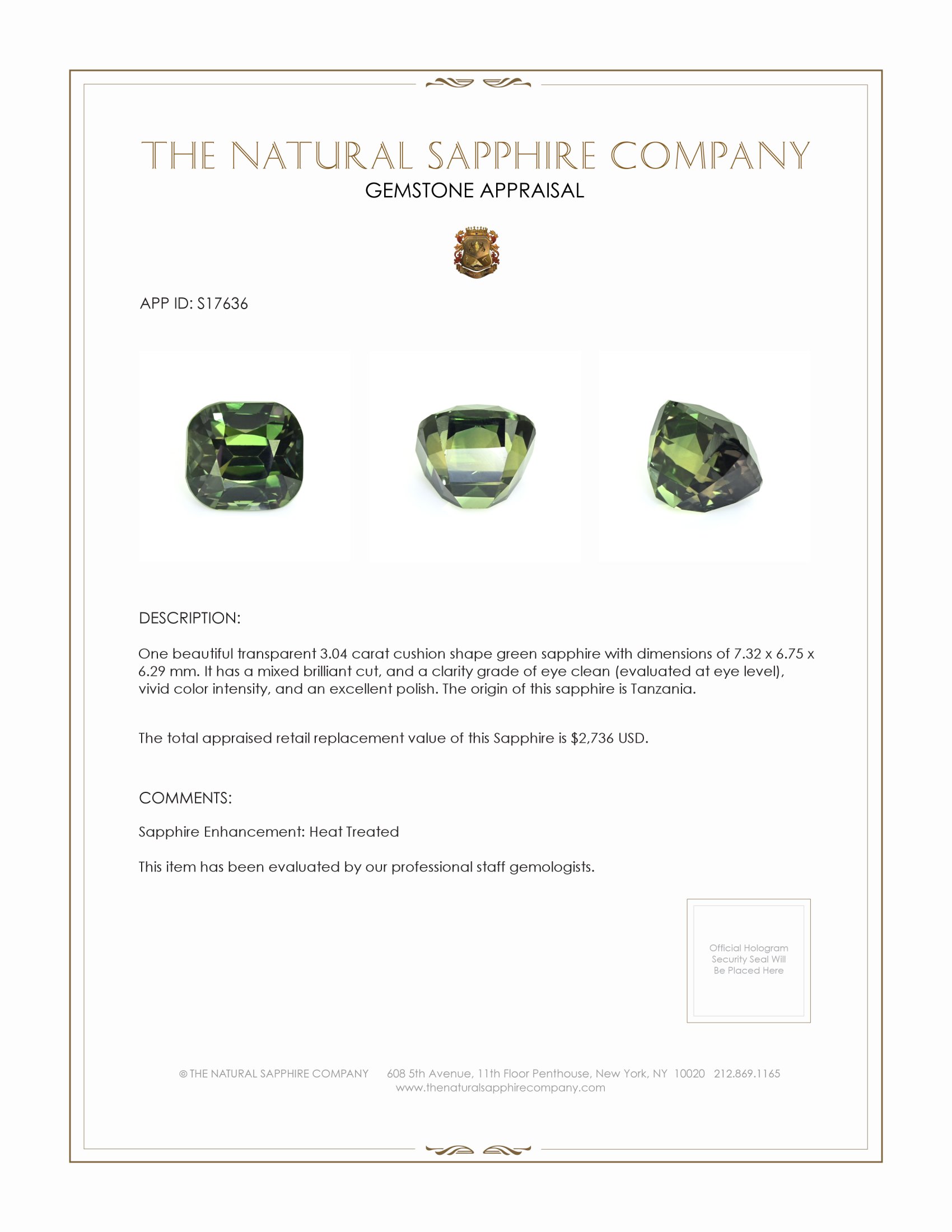 3.04 Ct. Green Sapphire from Tanzania