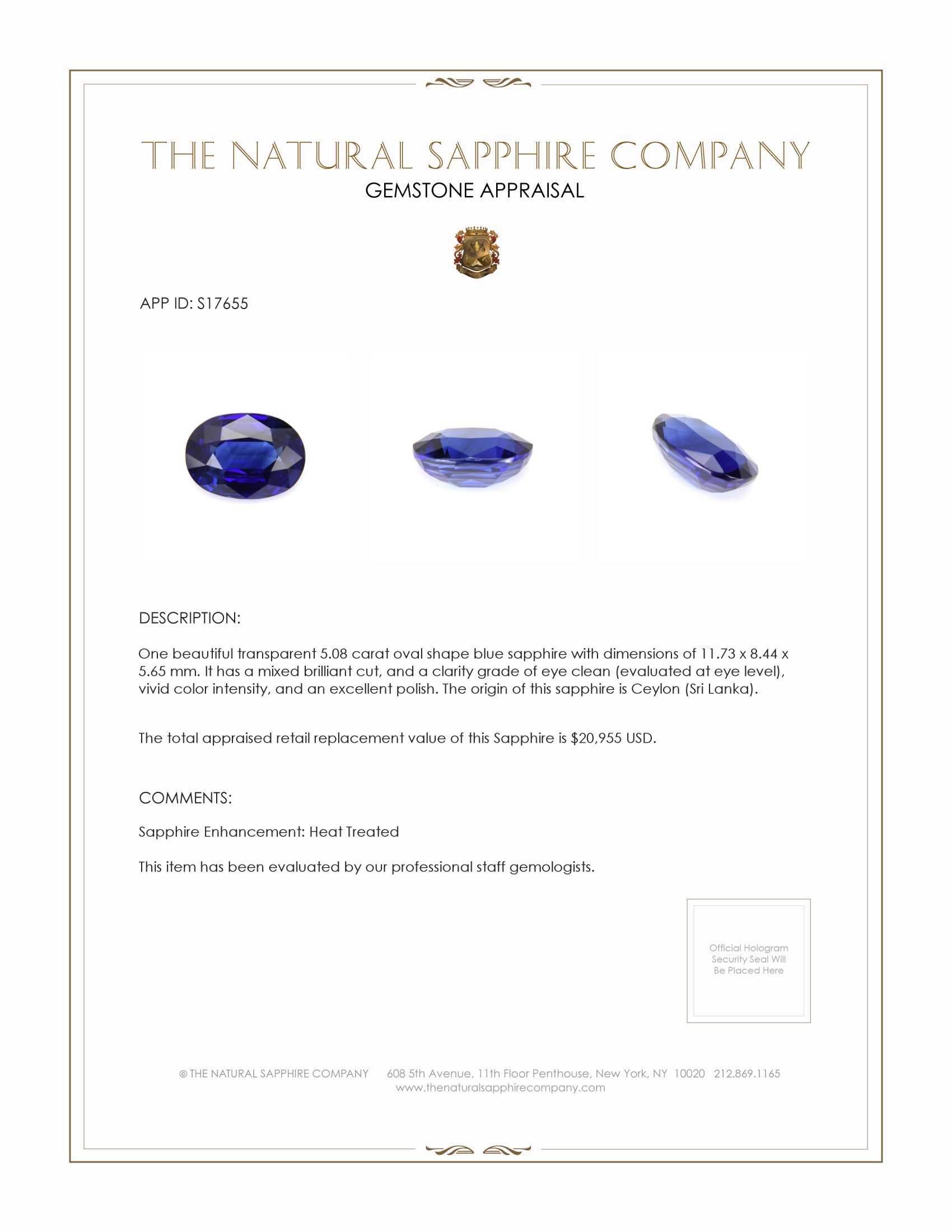 5.08 Ct. Blue Sapphire from Ceylon (Sri Lanka)