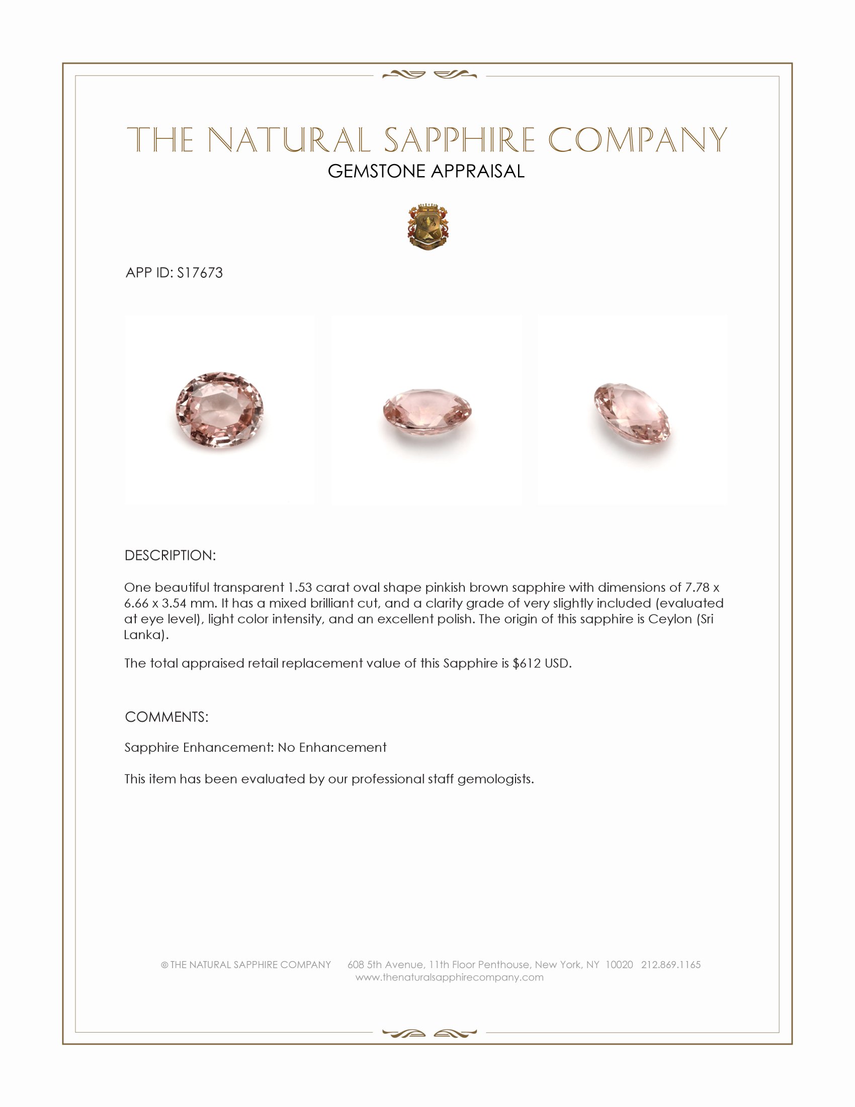 1.53 Ct. Pinkish Brown Sapphire from Ceylon (Sri Lanka)