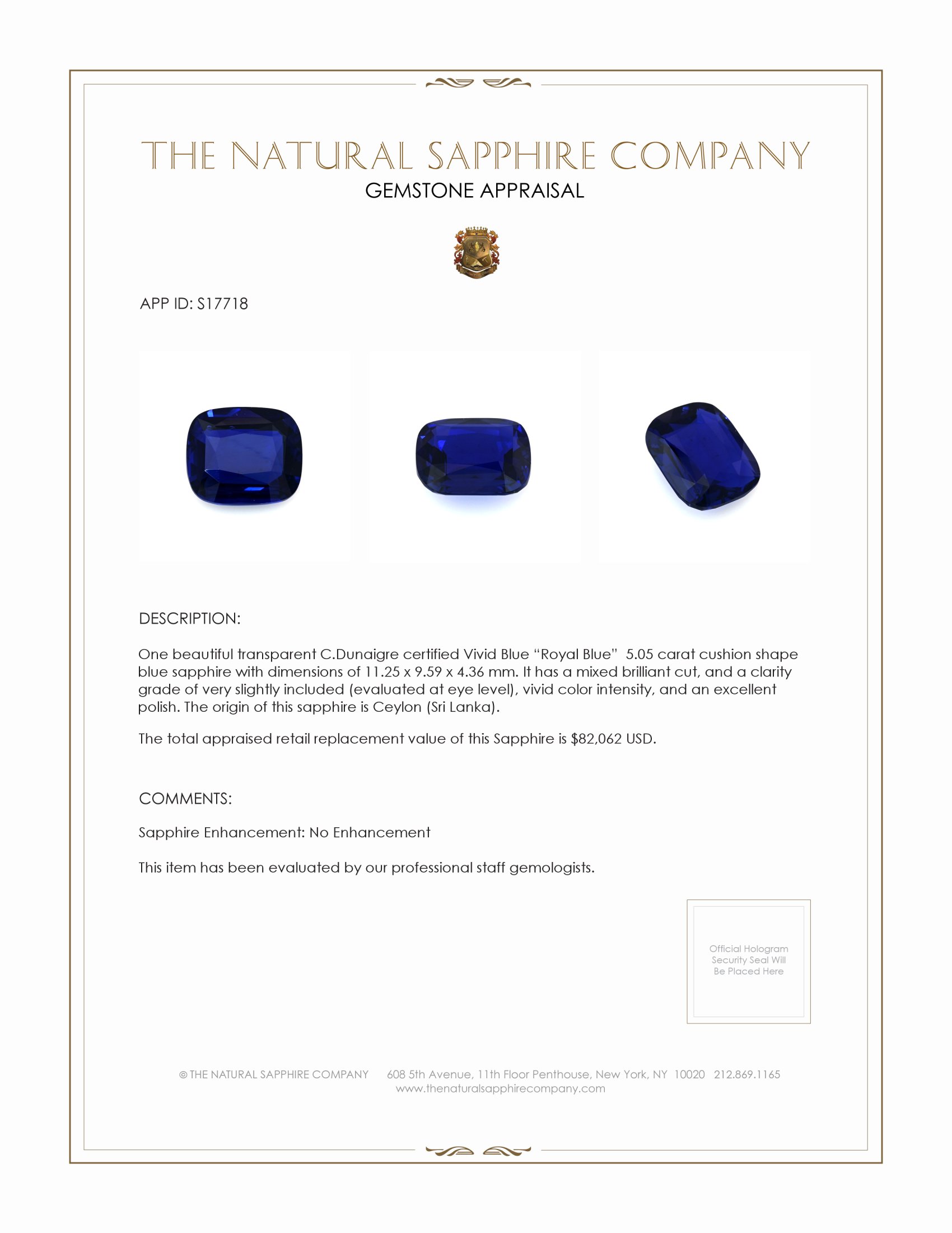 5.05 Ct. Blue Sapphire from Ceylon (Sri Lanka)