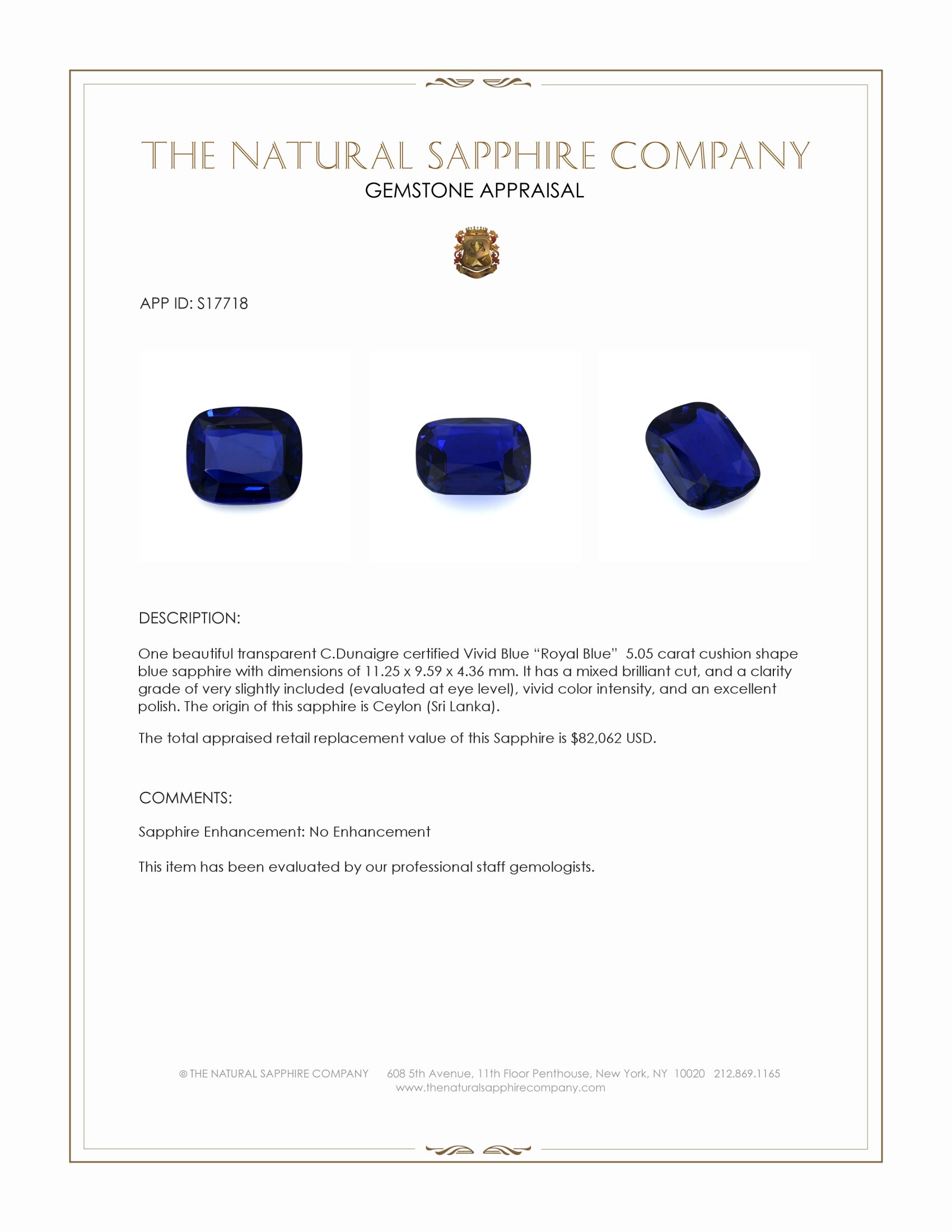 5.05 Ct. Blue Sapphire from Ceylon (Sri Lanka)