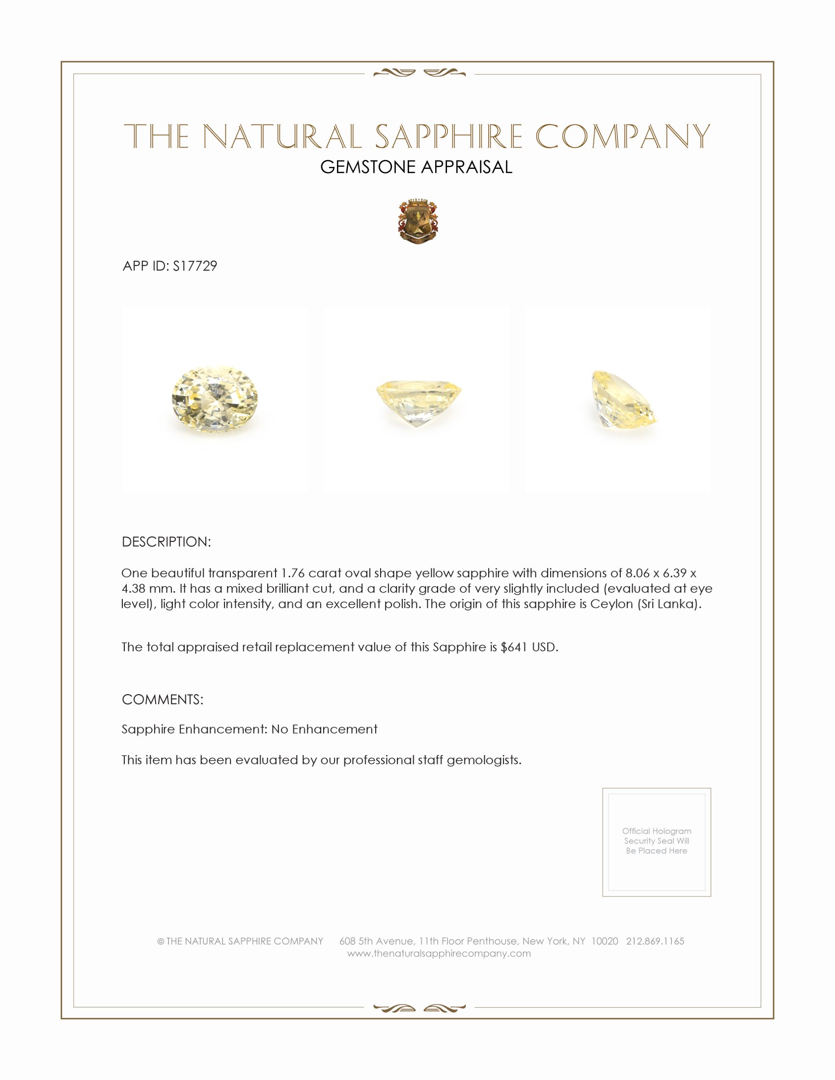 1.76 Ct. Yellow Sapphire from Ceylon (Sri Lanka)