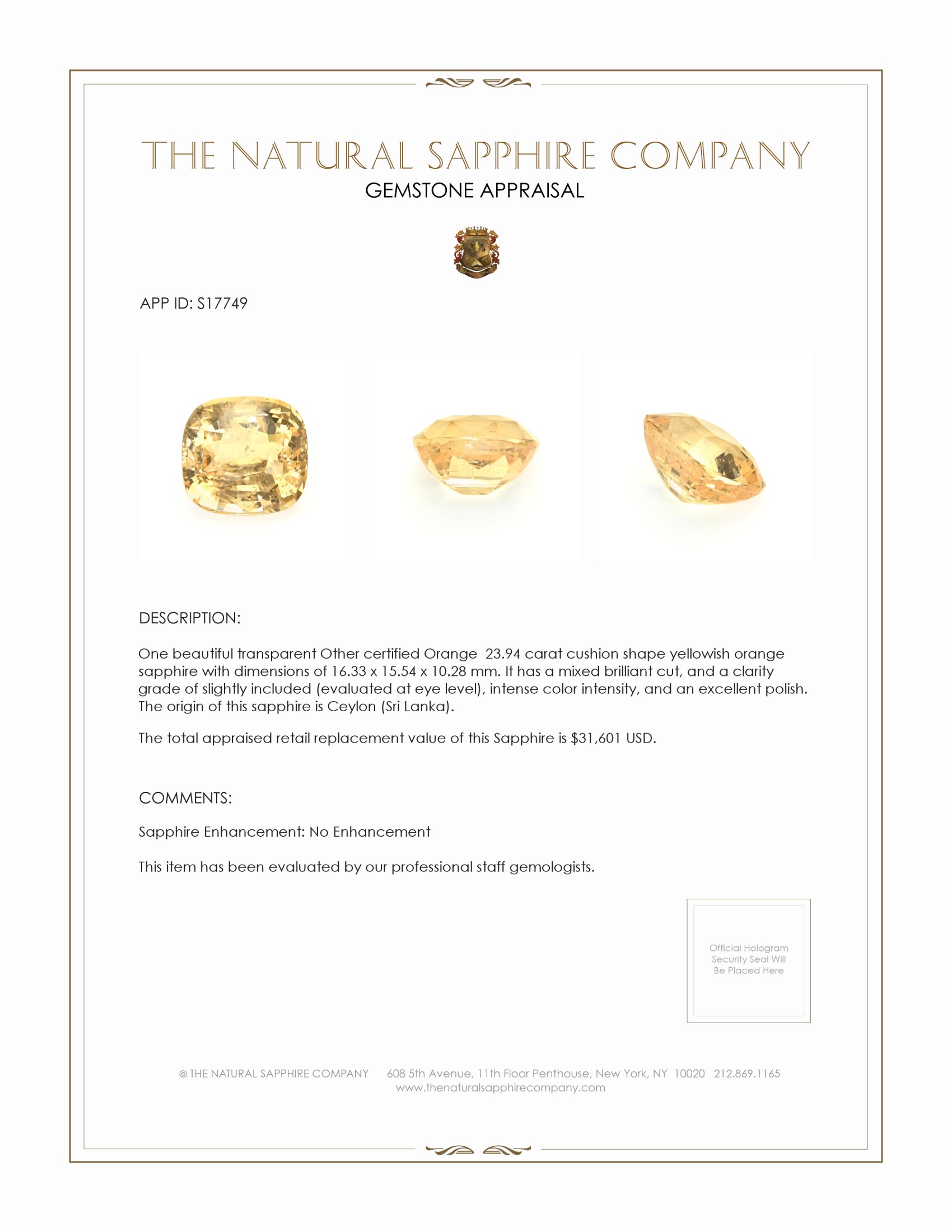 23.94 Ct. Yellowish Orange Sapphire from Ceylon (Sri Lanka)