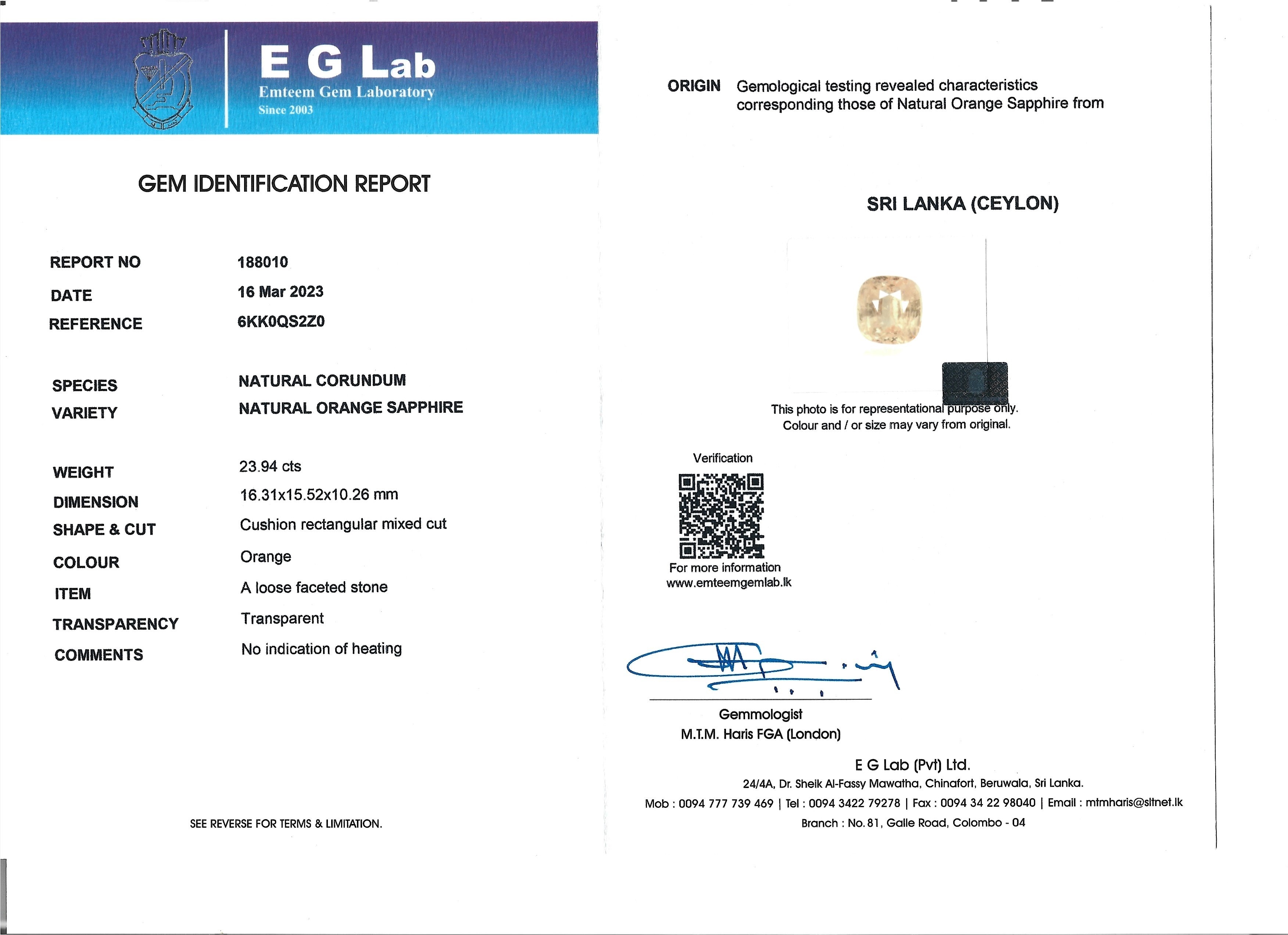 23.94 Ct. Yellowish Orange Sapphire from Ceylon (Sri Lanka)