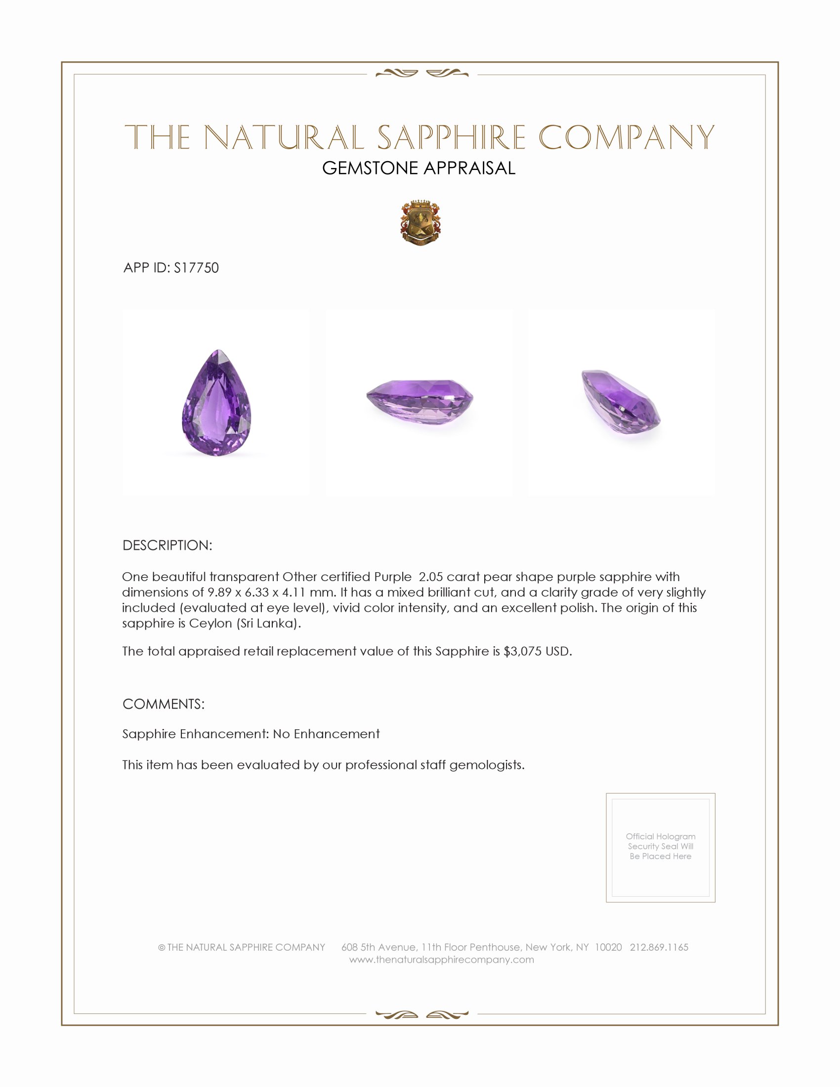 2.05 Ct. Purple Sapphire from Ceylon (Sri Lanka)