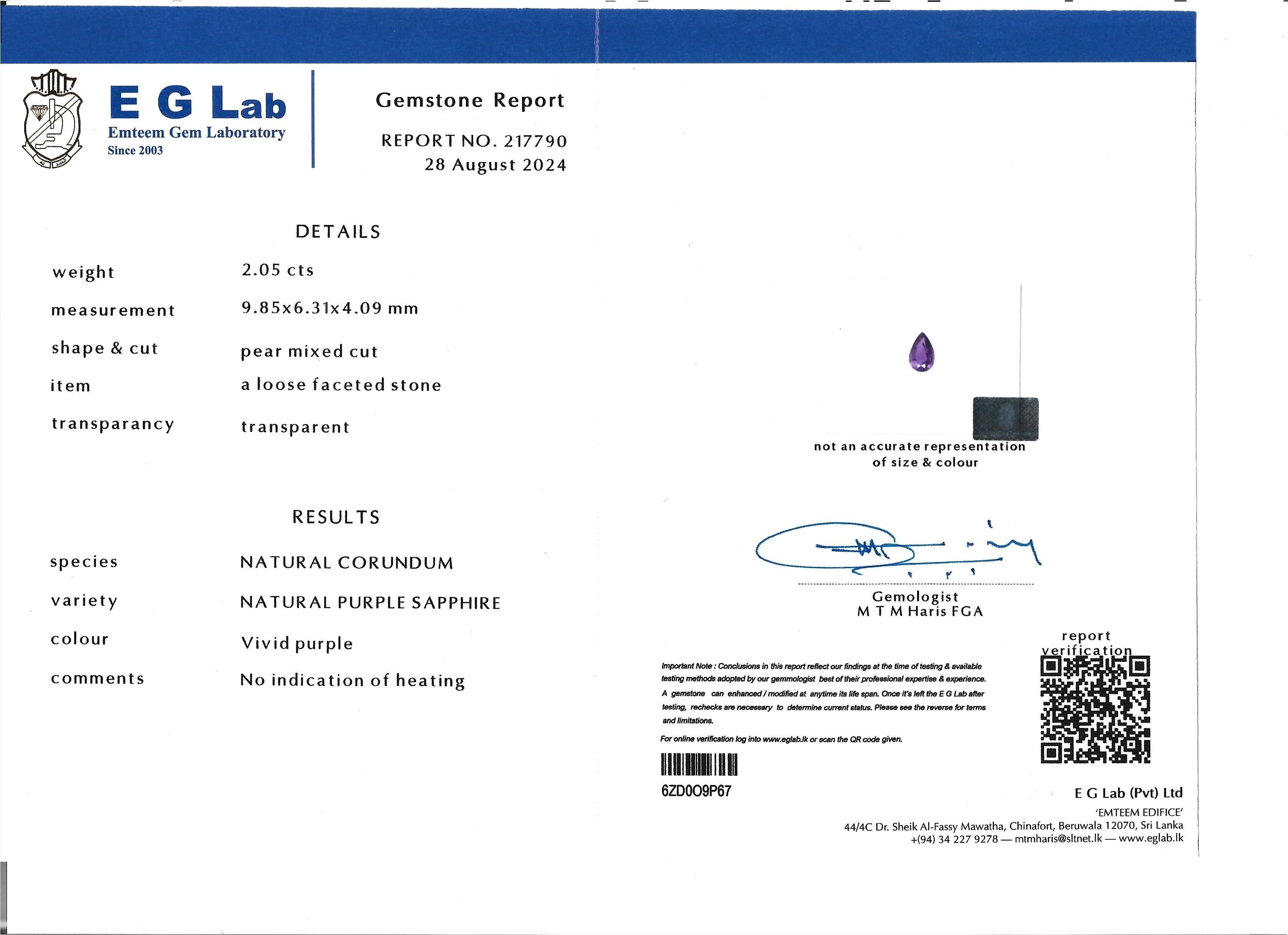 2.05 Ct. Purple Sapphire from Ceylon (Sri Lanka)