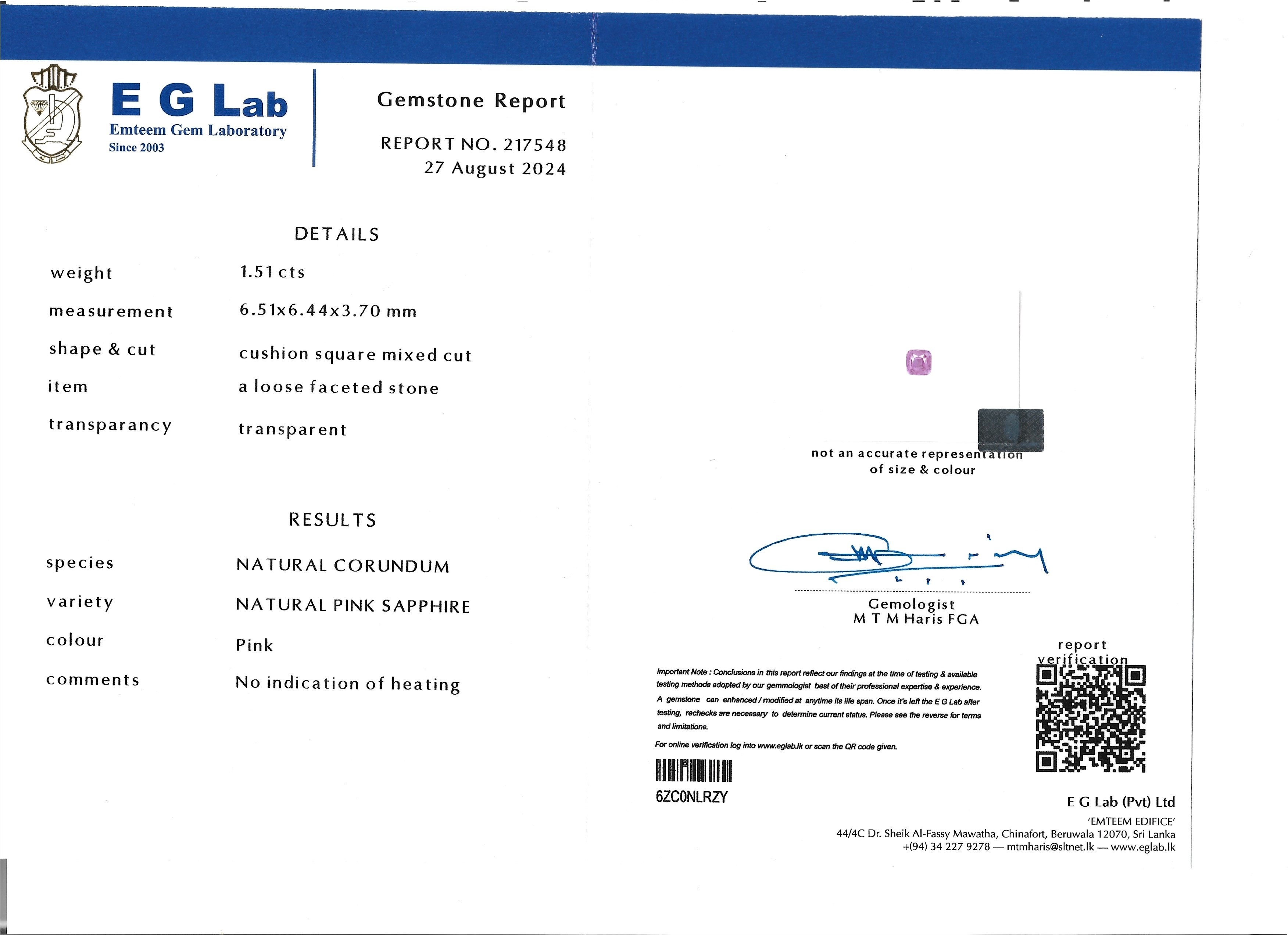 1.51 Ct. Pink Sapphire from Ceylon (Sri Lanka)