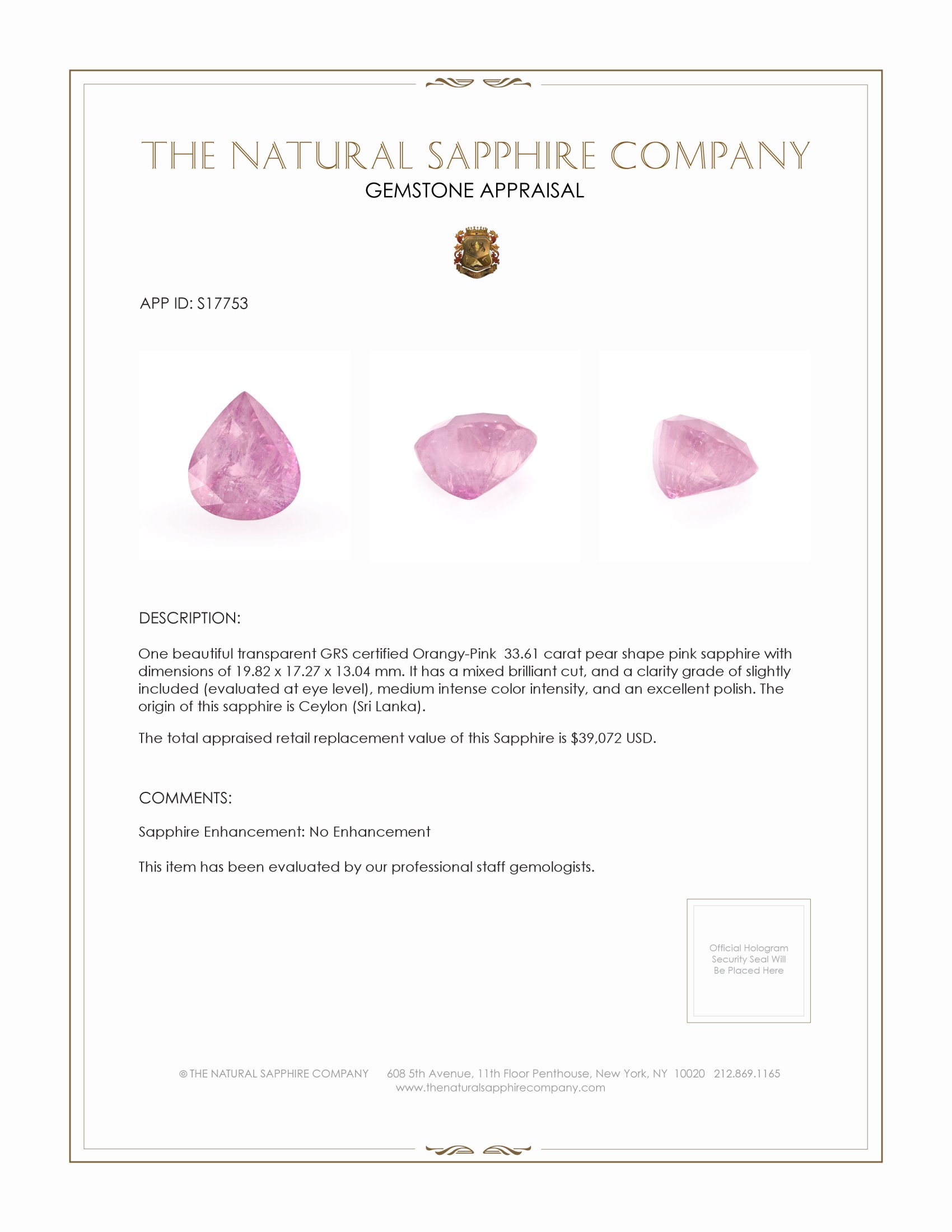 33.61 Ct. Pink Sapphire from Ceylon (Sri Lanka)