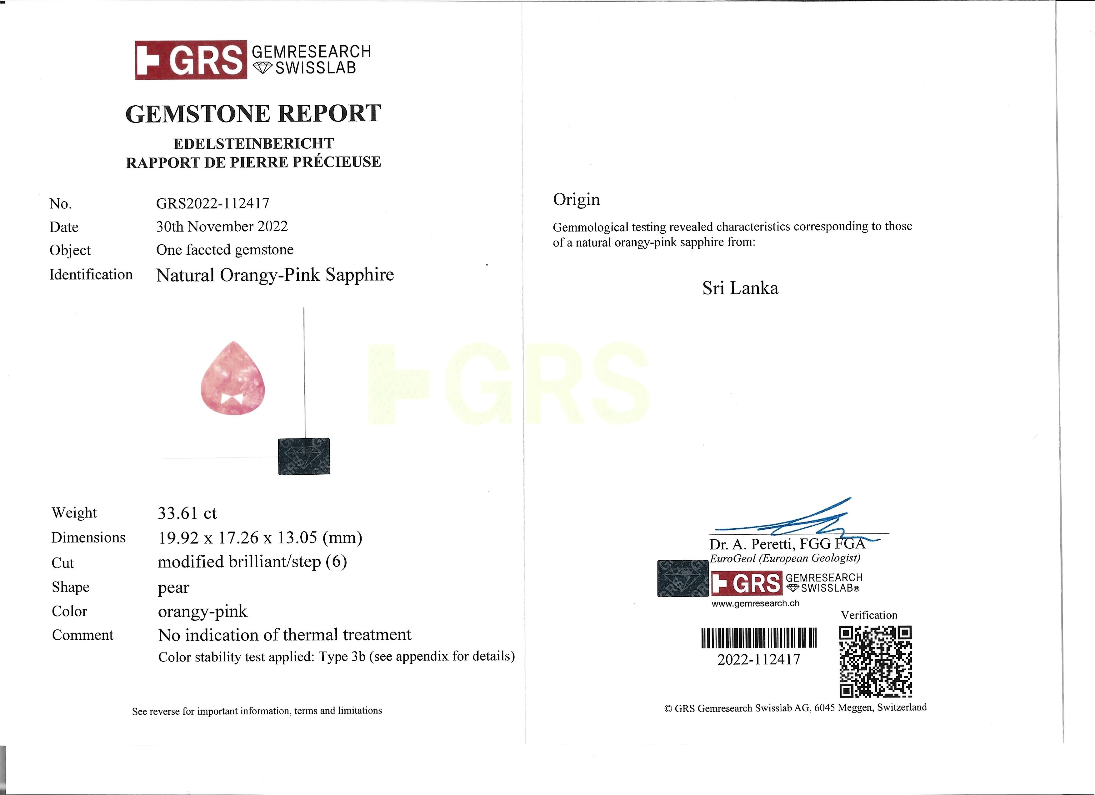 33.61 Ct. Pink Sapphire from Ceylon (Sri Lanka)