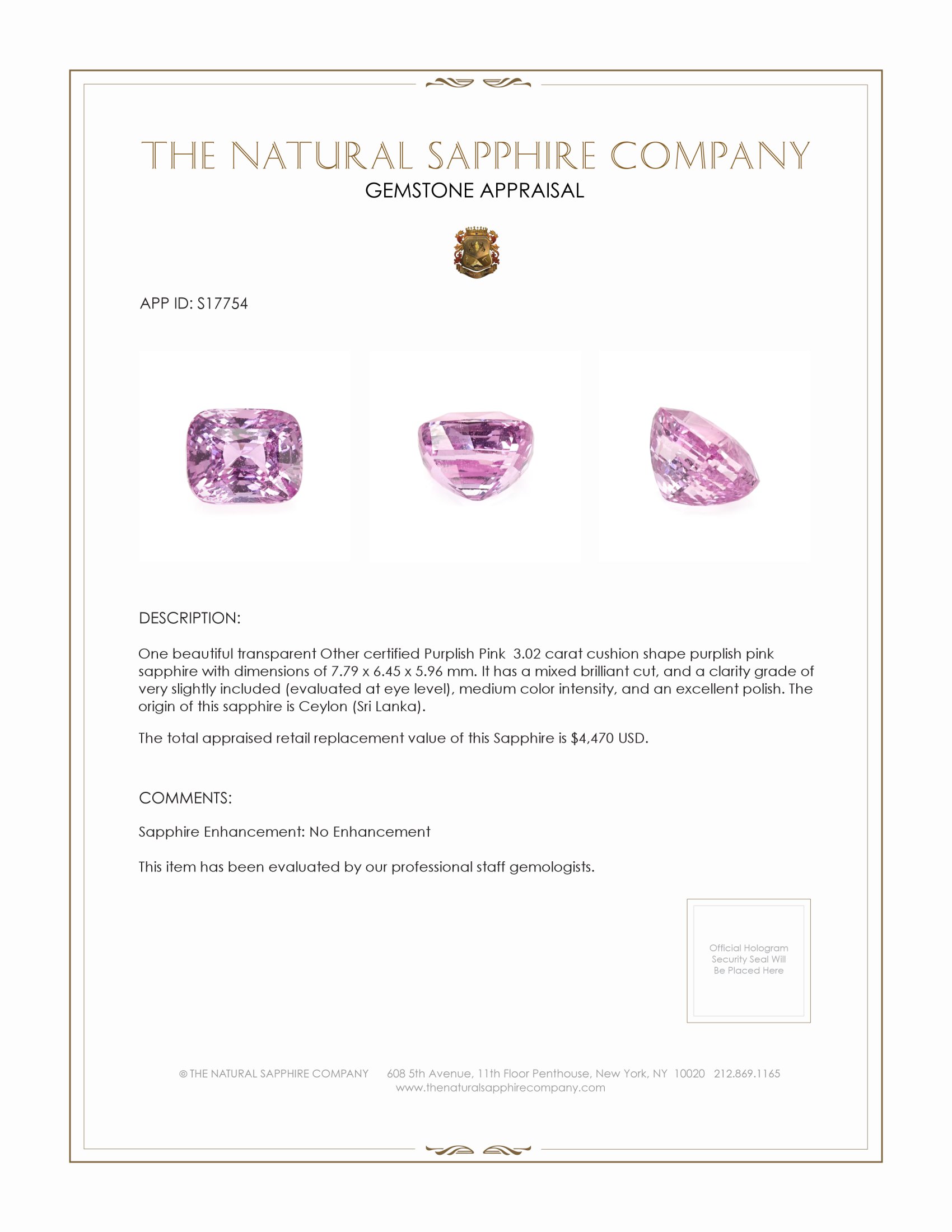3.02 Ct. Purplish Pink Sapphire from Ceylon (Sri Lanka)
