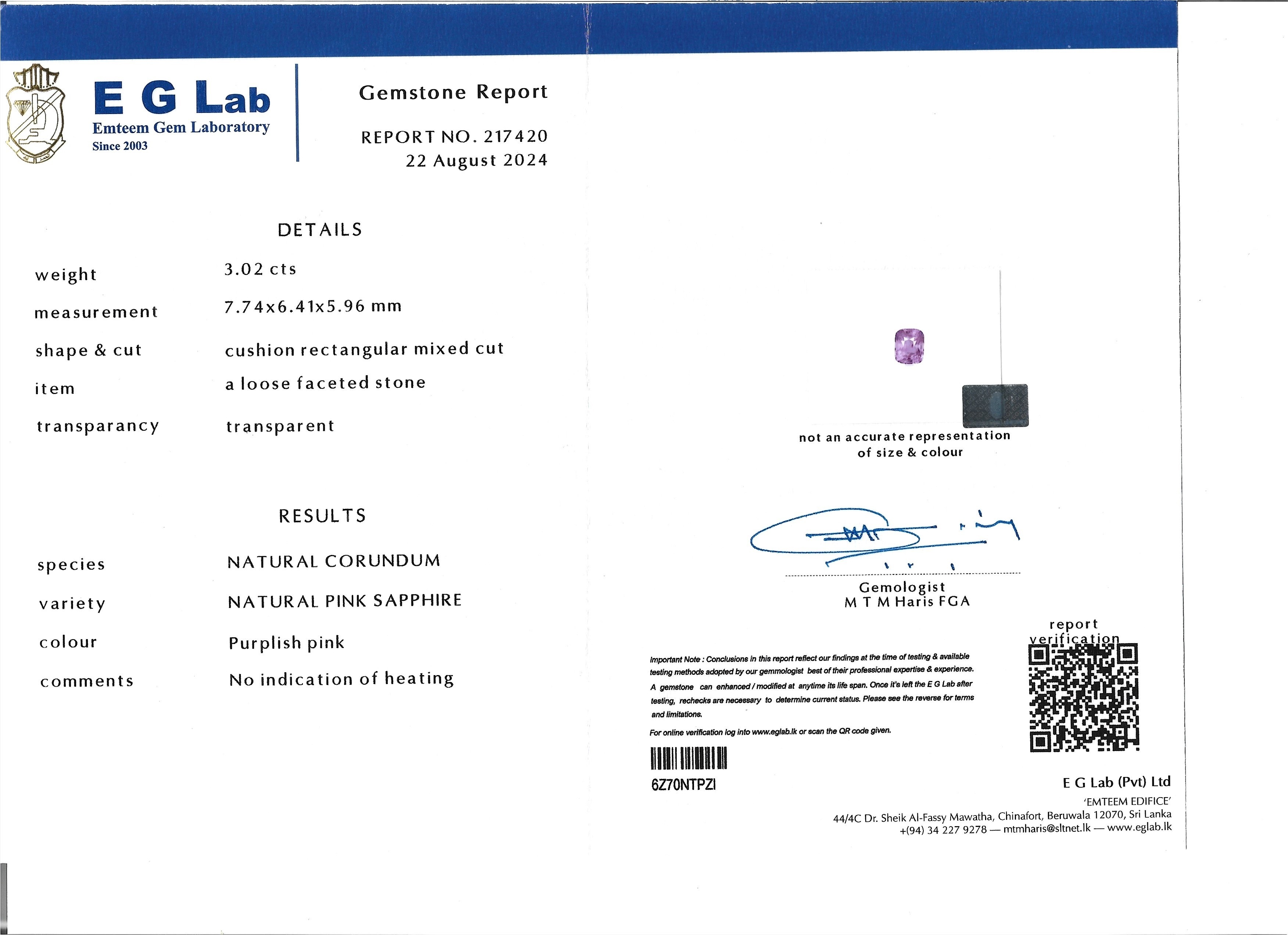 3.02 Ct. Purplish Pink Sapphire from Ceylon (Sri Lanka)