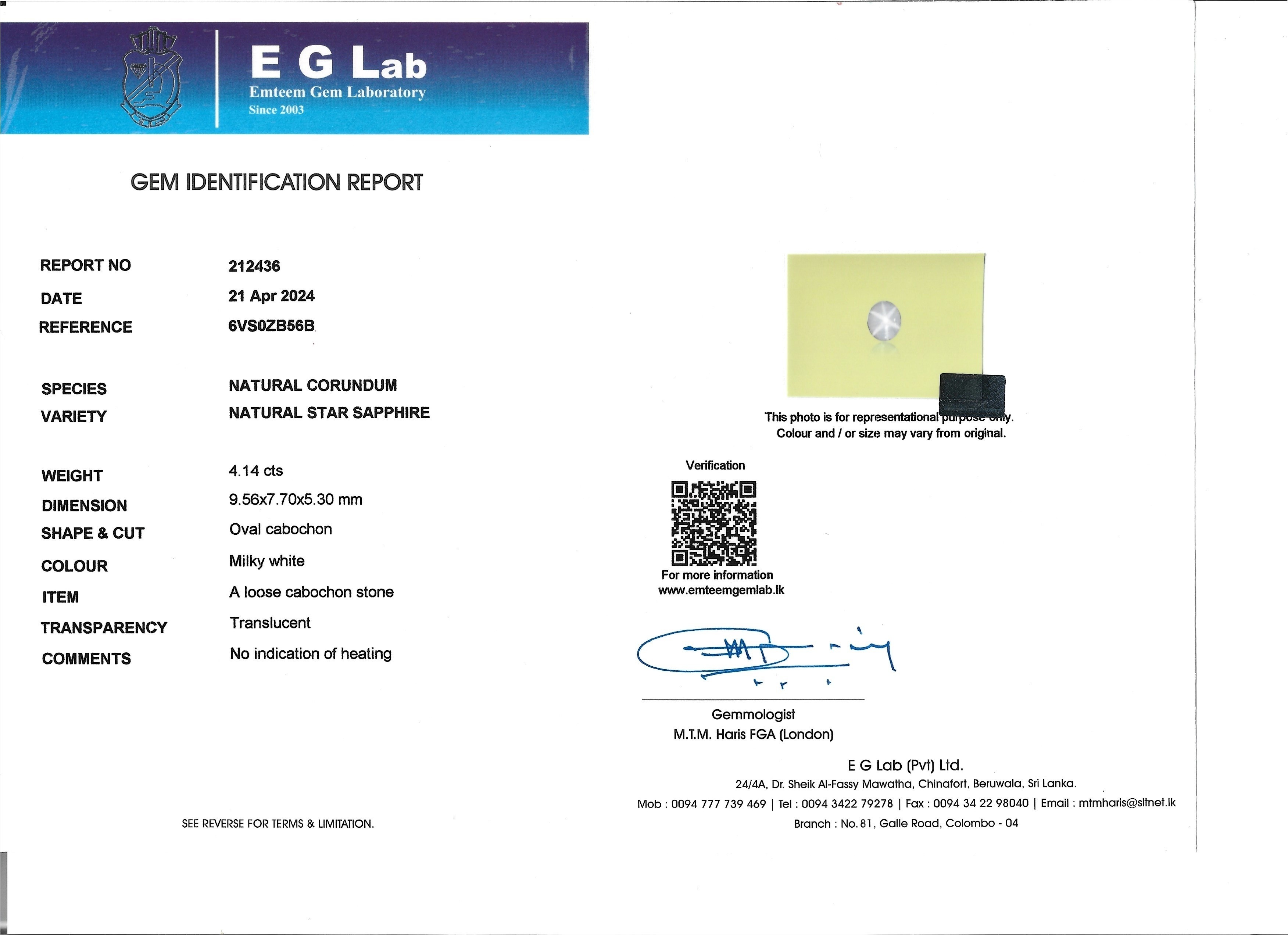 4.14 Ct. White Star Sapphire from Ceylon (Sri Lanka)
