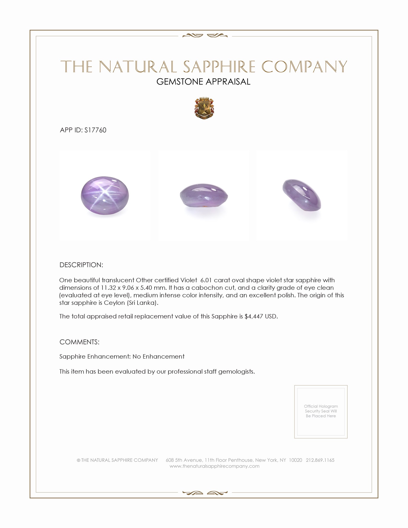 6.01 Ct. Violet Star Sapphire from Ceylon (Sri Lanka)