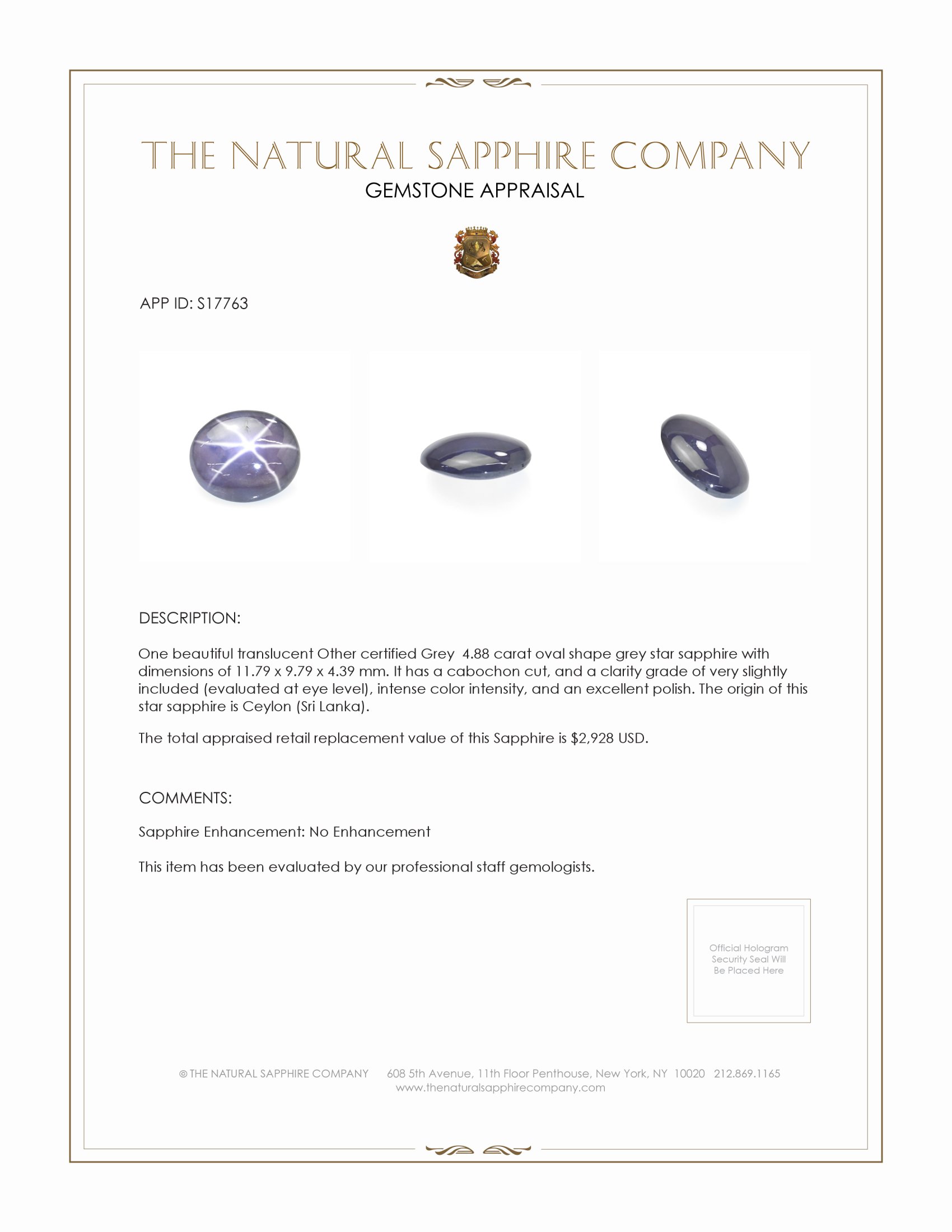 4.88 Ct. Grey Star Sapphire from Ceylon (Sri Lanka)