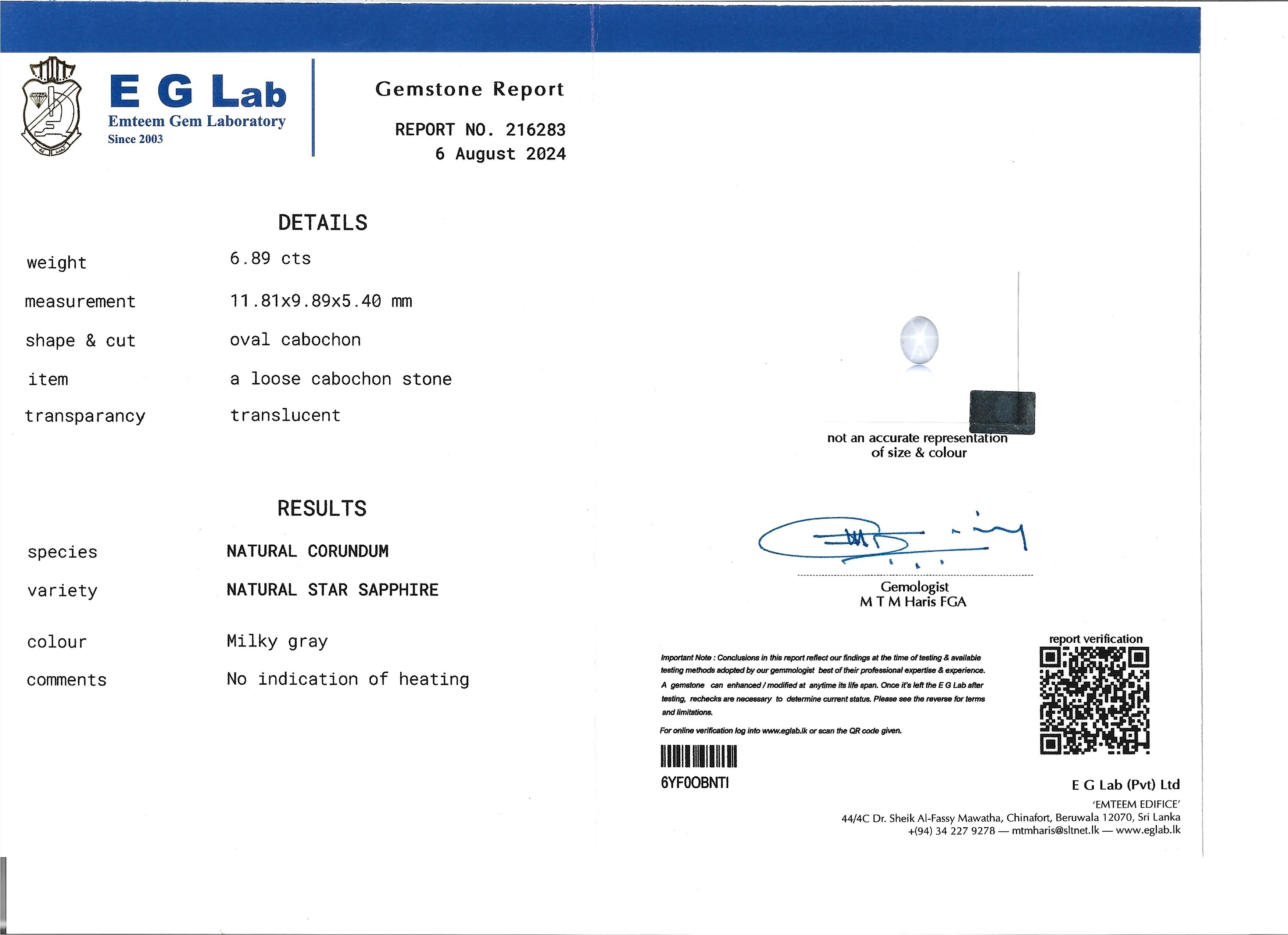 6.89 Ct. Grey Star Sapphire from Ceylon (Sri Lanka)